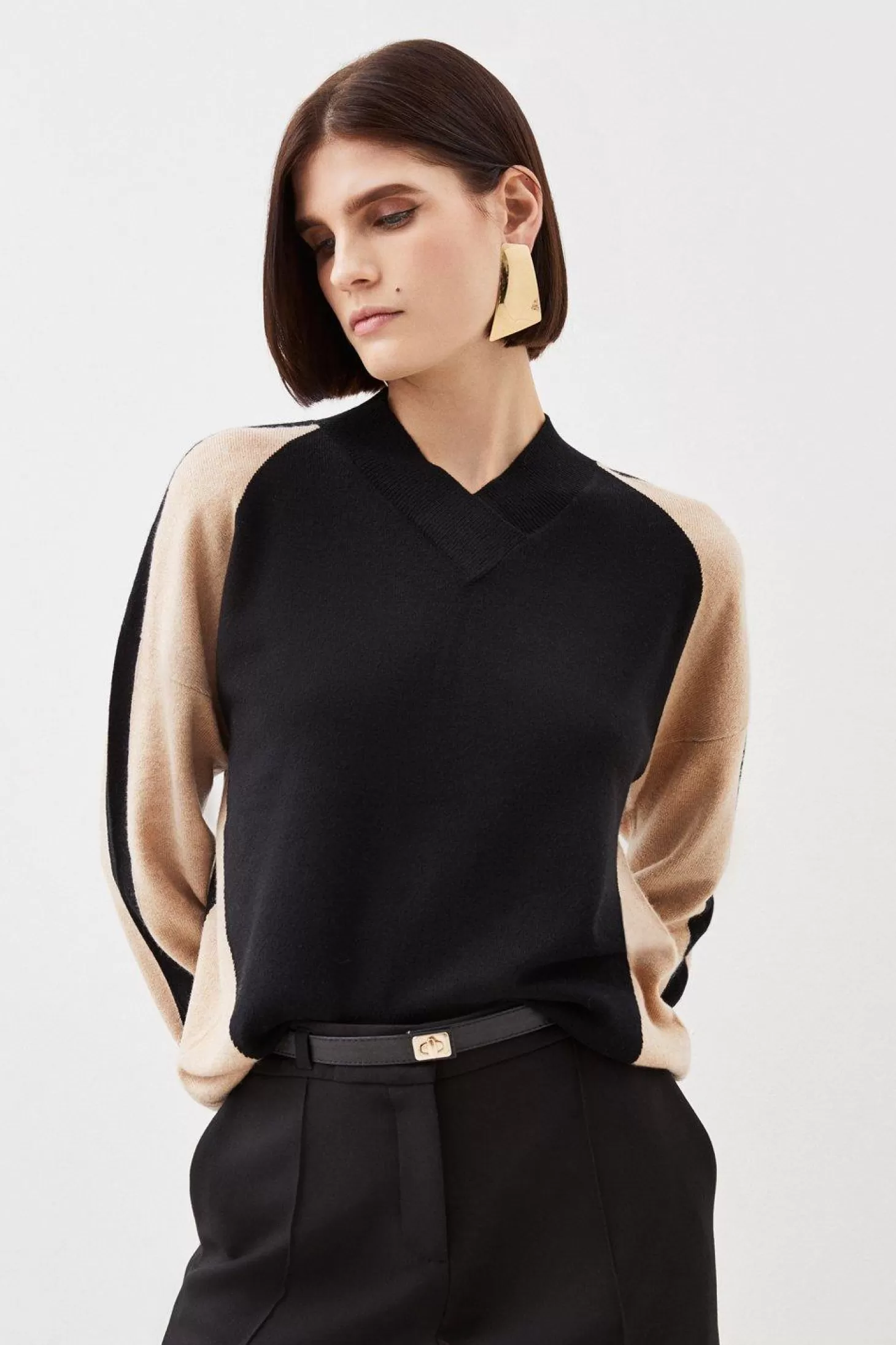 Karen Millen Cashmere Blend Knit High Neck Color Block Sweater