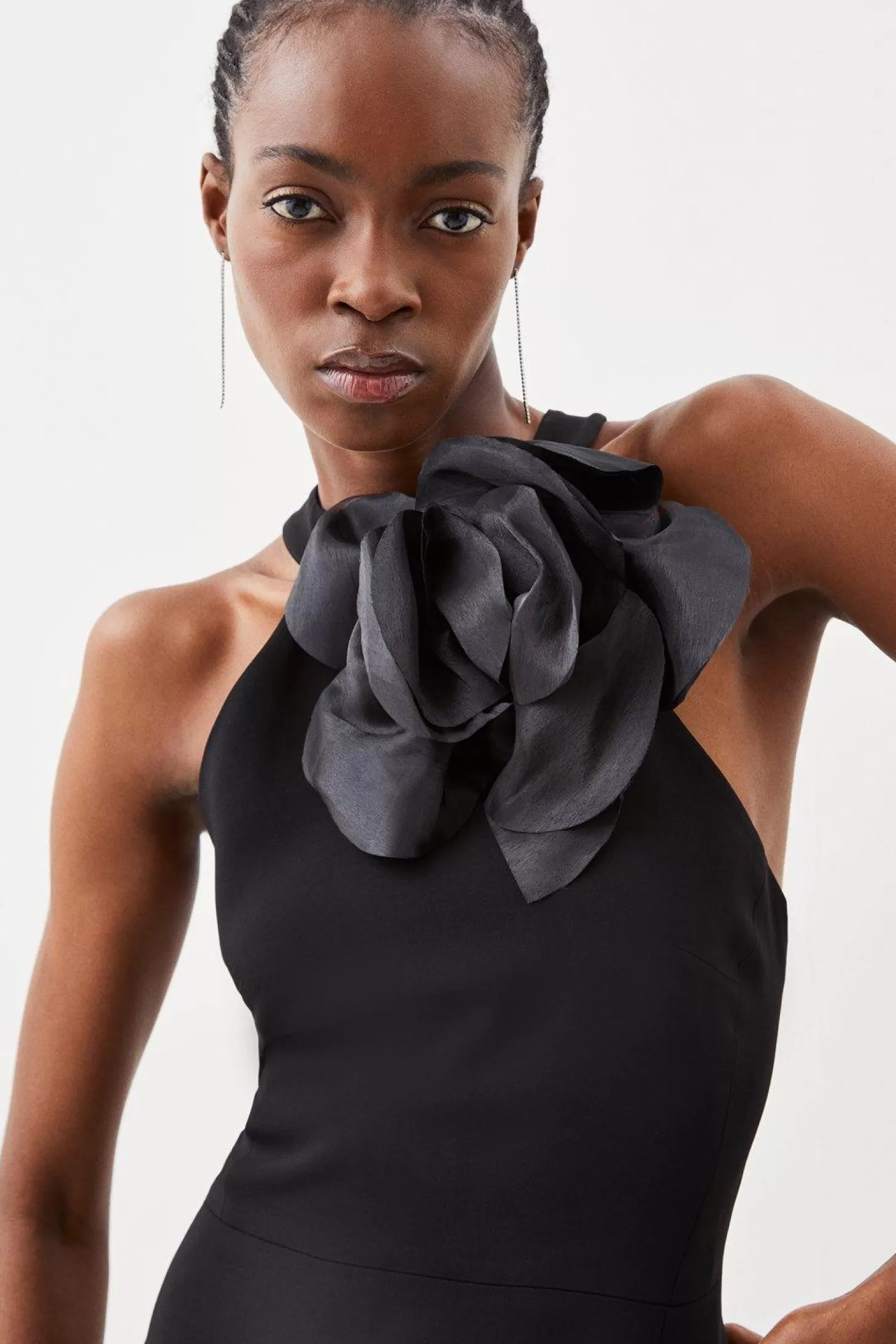 Karen Millen Compact Viscose Corsage Detail Tailored Halterneck Midaxi Dress