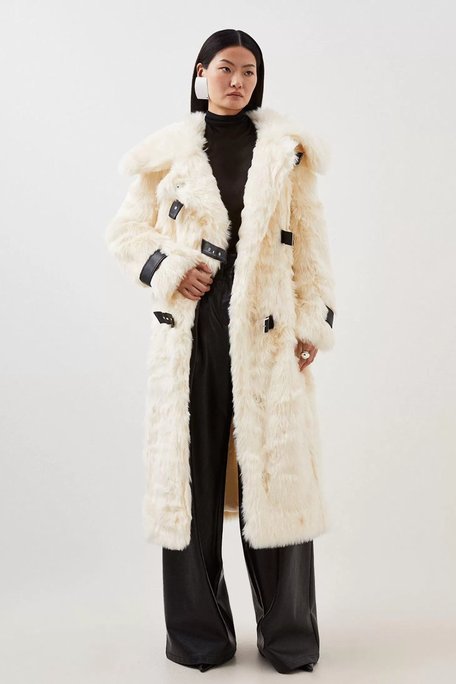 Karen Millen Faux Fur & Pu Detail Long Pile Belted Maxi Coat