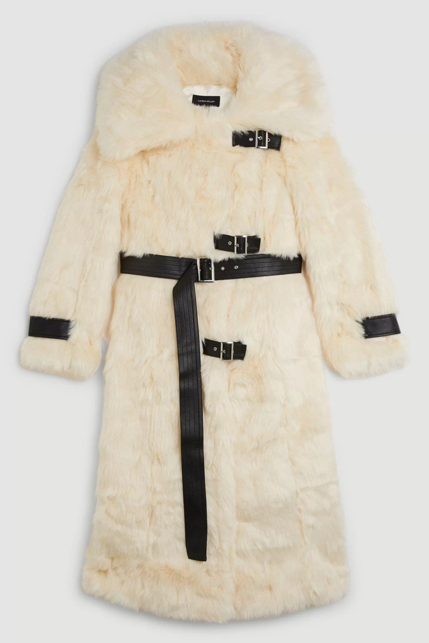 Karen Millen Faux Fur & Pu Detail Long Pile Belted Maxi Coat