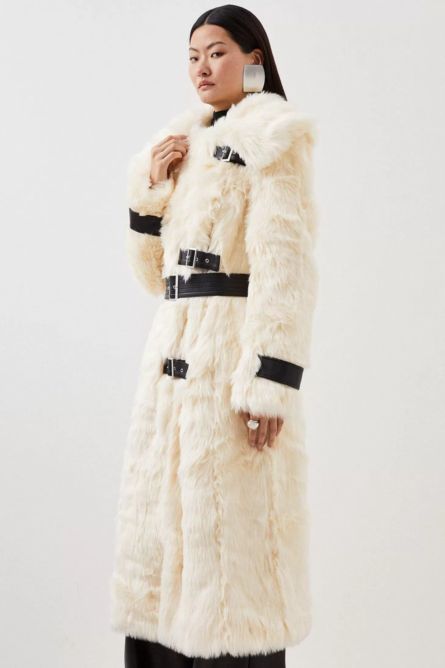 Karen Millen Faux Fur & Pu Detail Long Pile Belted Maxi Coat