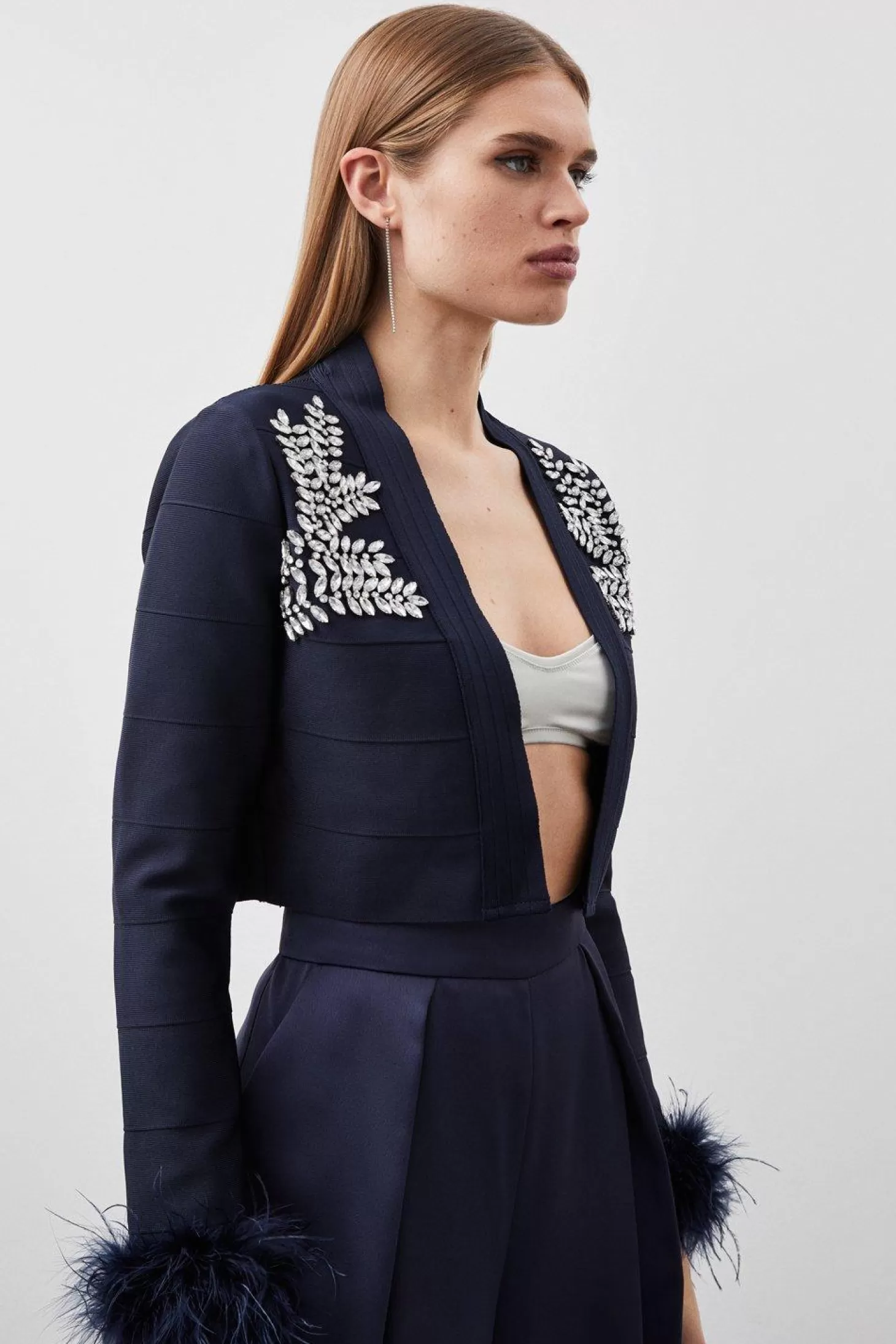 Karen Millen Figure Form Bandage Embellished Feather Cuff Crop Knit Jacket