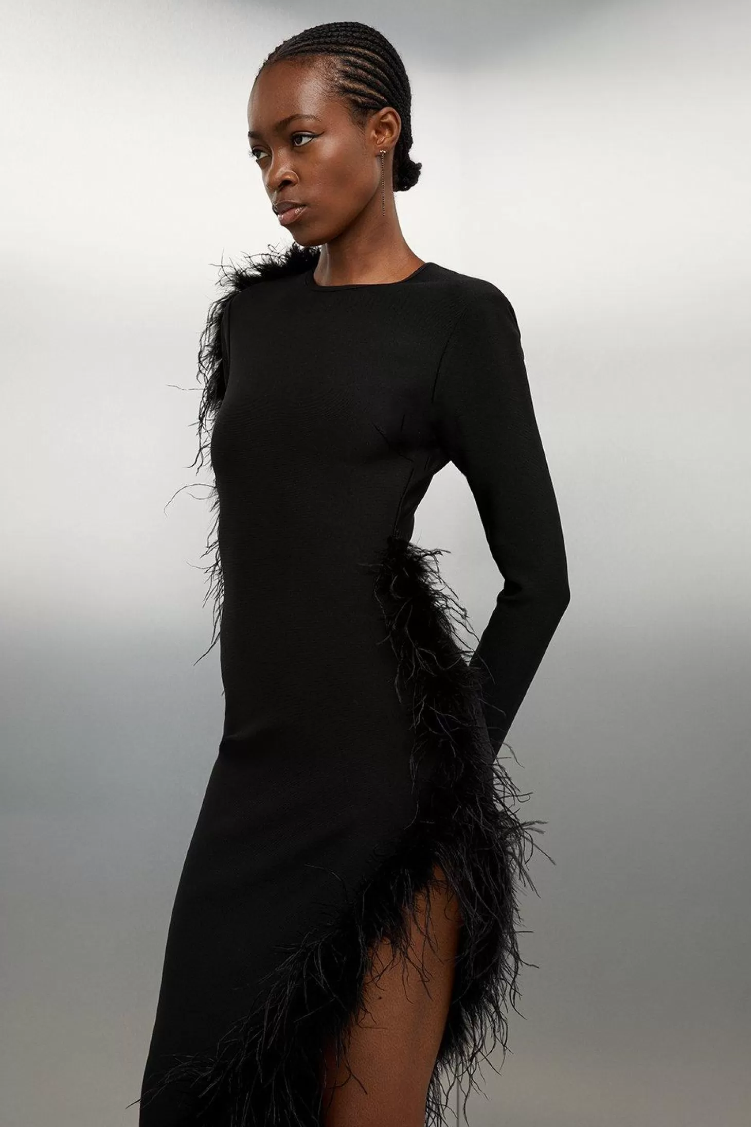 Karen Millen Figure Form Bandage Knit Split Feather Hem Maxi Dress