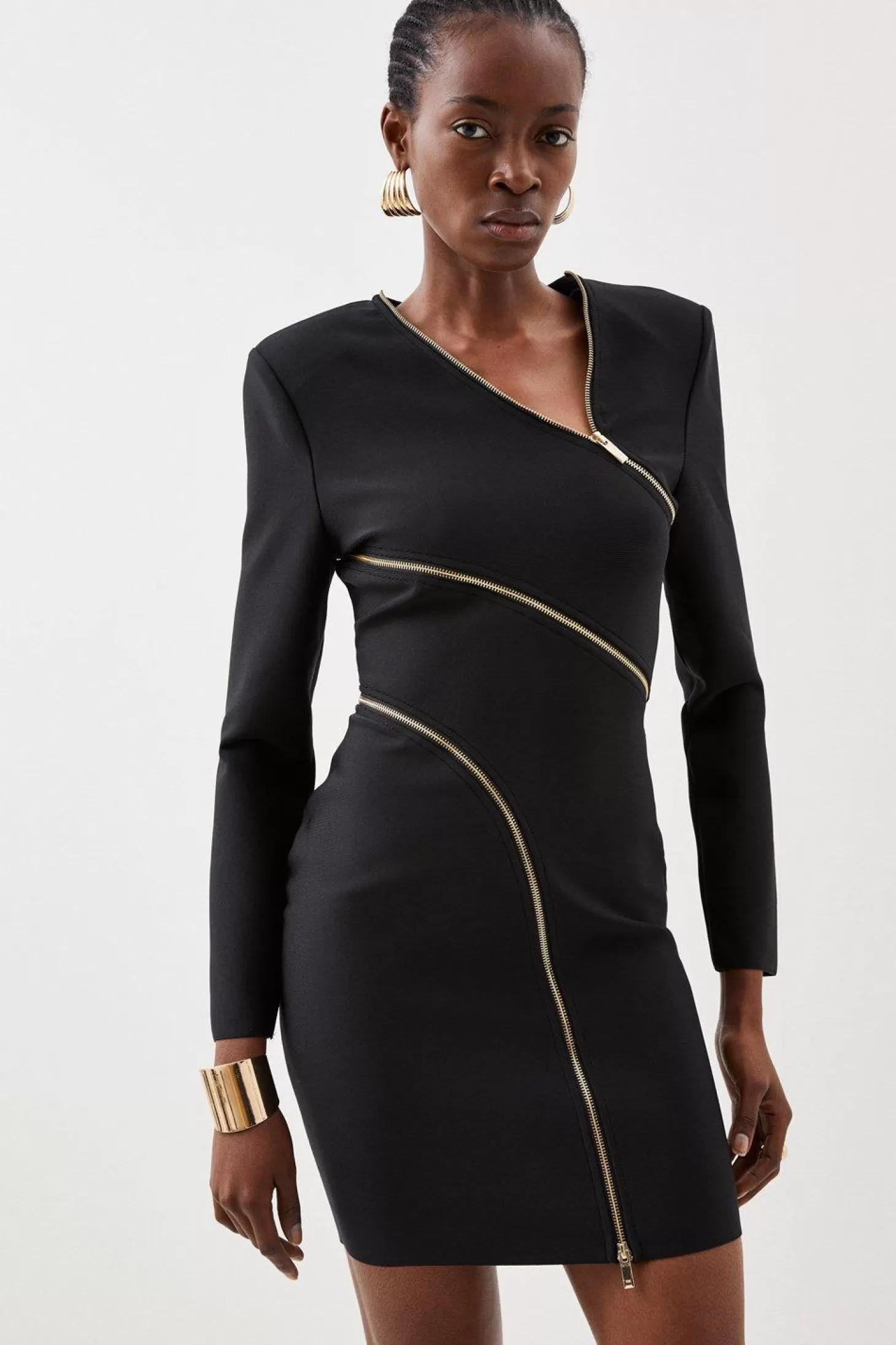 Karen Millen Figure Form Bandage Knit Zip Detail Power Shoulder Mini Dress