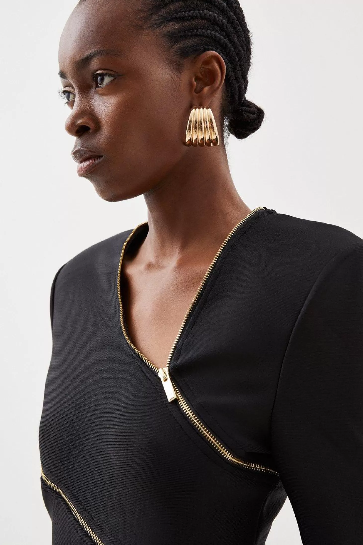 Karen Millen Figure Form Bandage Knit Zip Detail Power Shoulder Mini Dress