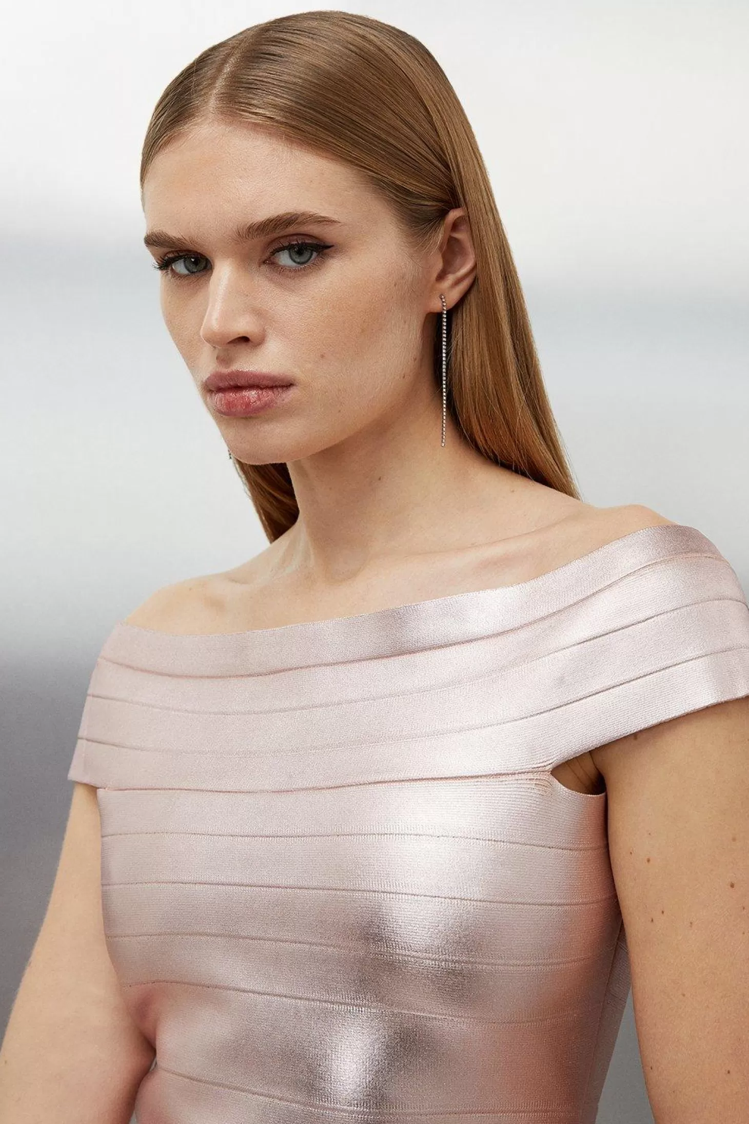 Karen Millen Figure Form Foiled Bandage Off The Shoulder Knit Top