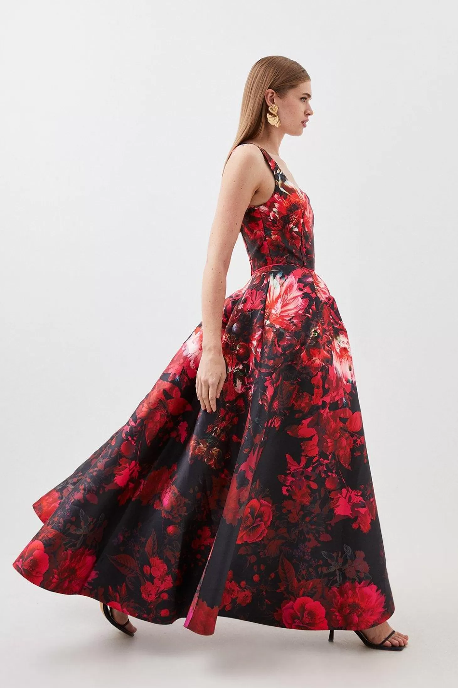Karen Millen Print Satin Twill Woven Strappy Maxi Prom Dress