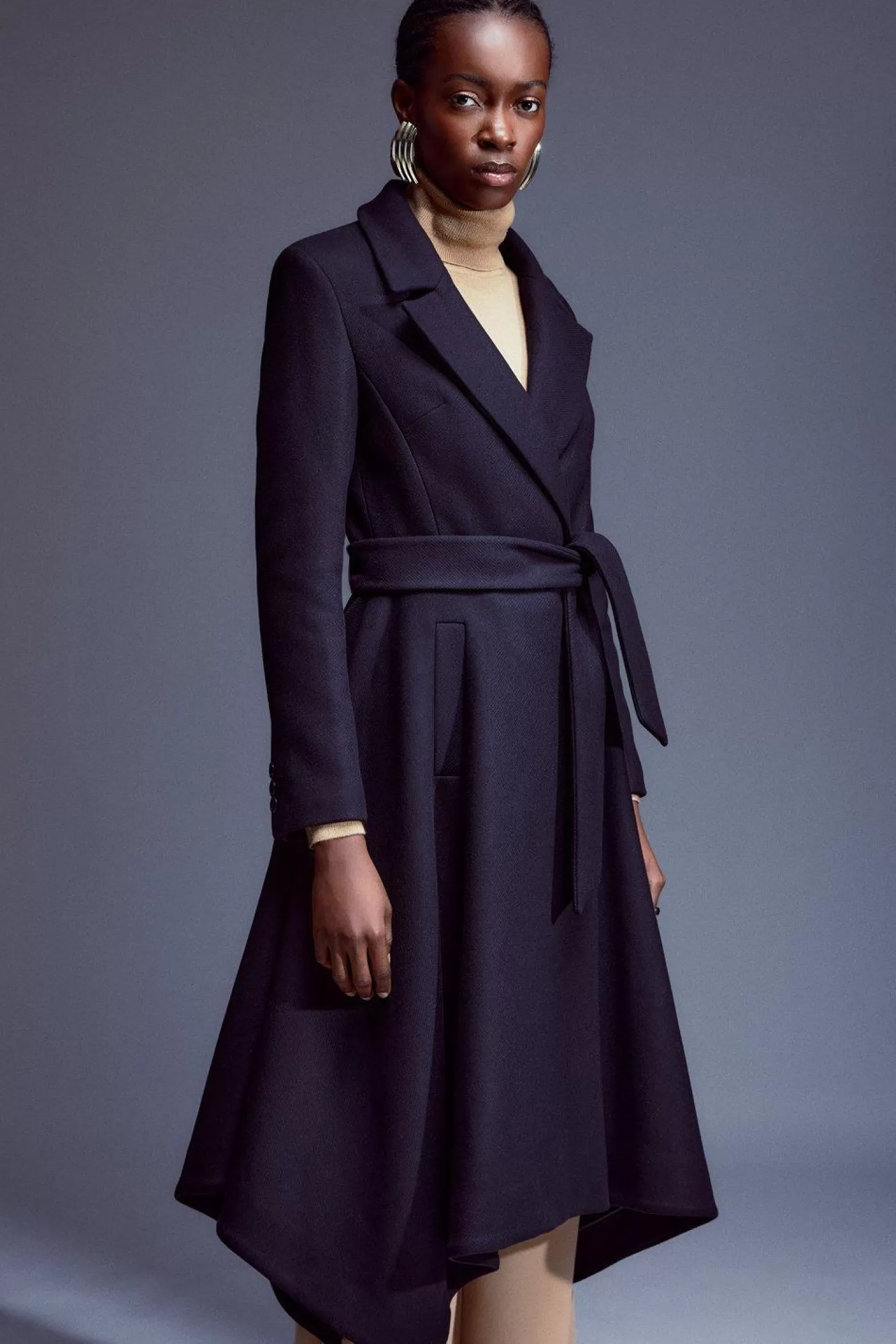 Karen Millen Italian Manteco Wool Blend Double Breasted Belted High Low Trench Coat