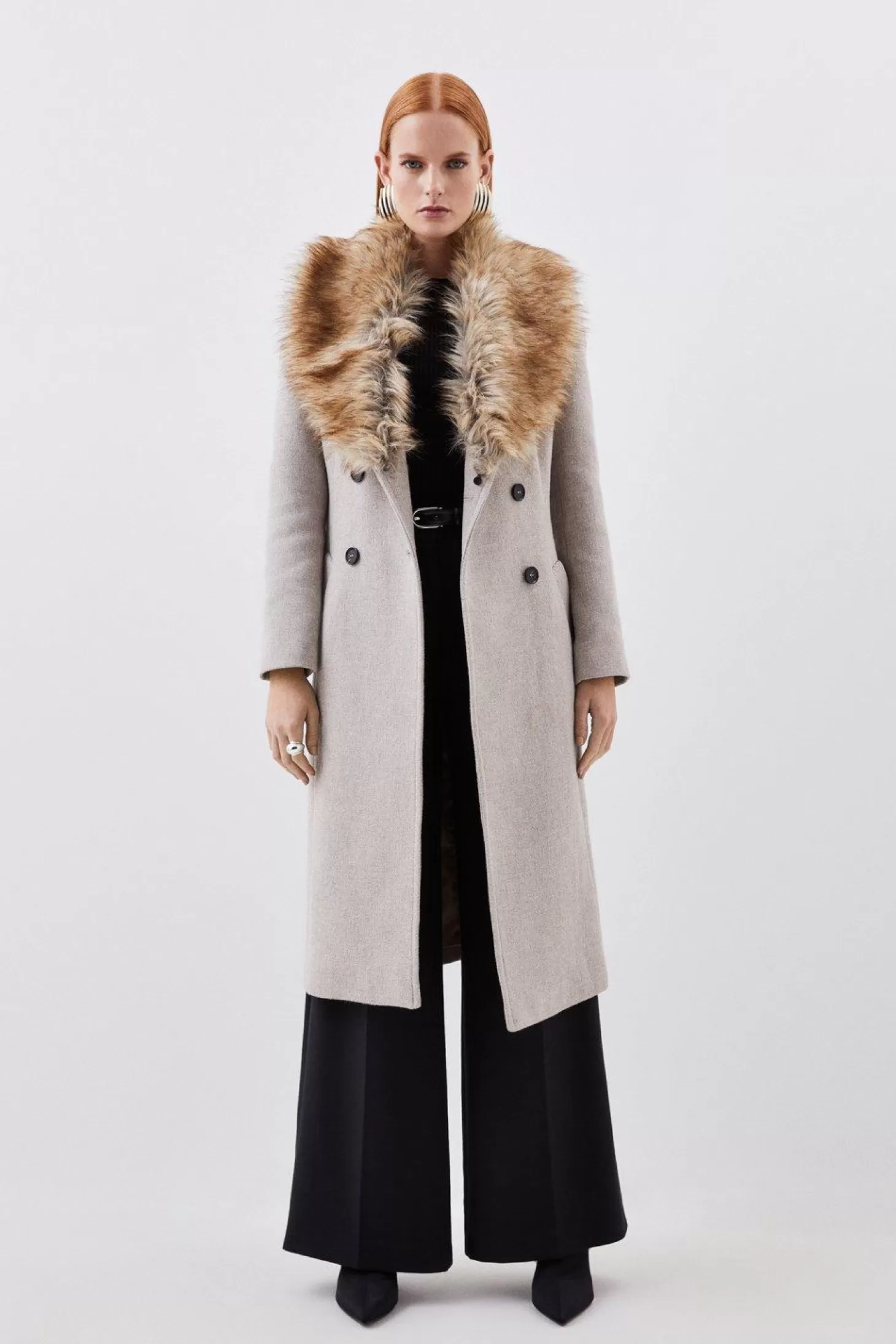 Karen Millen Italian Manteco Wool Blend Faux Fur Double Breasted Belted Midi Coat