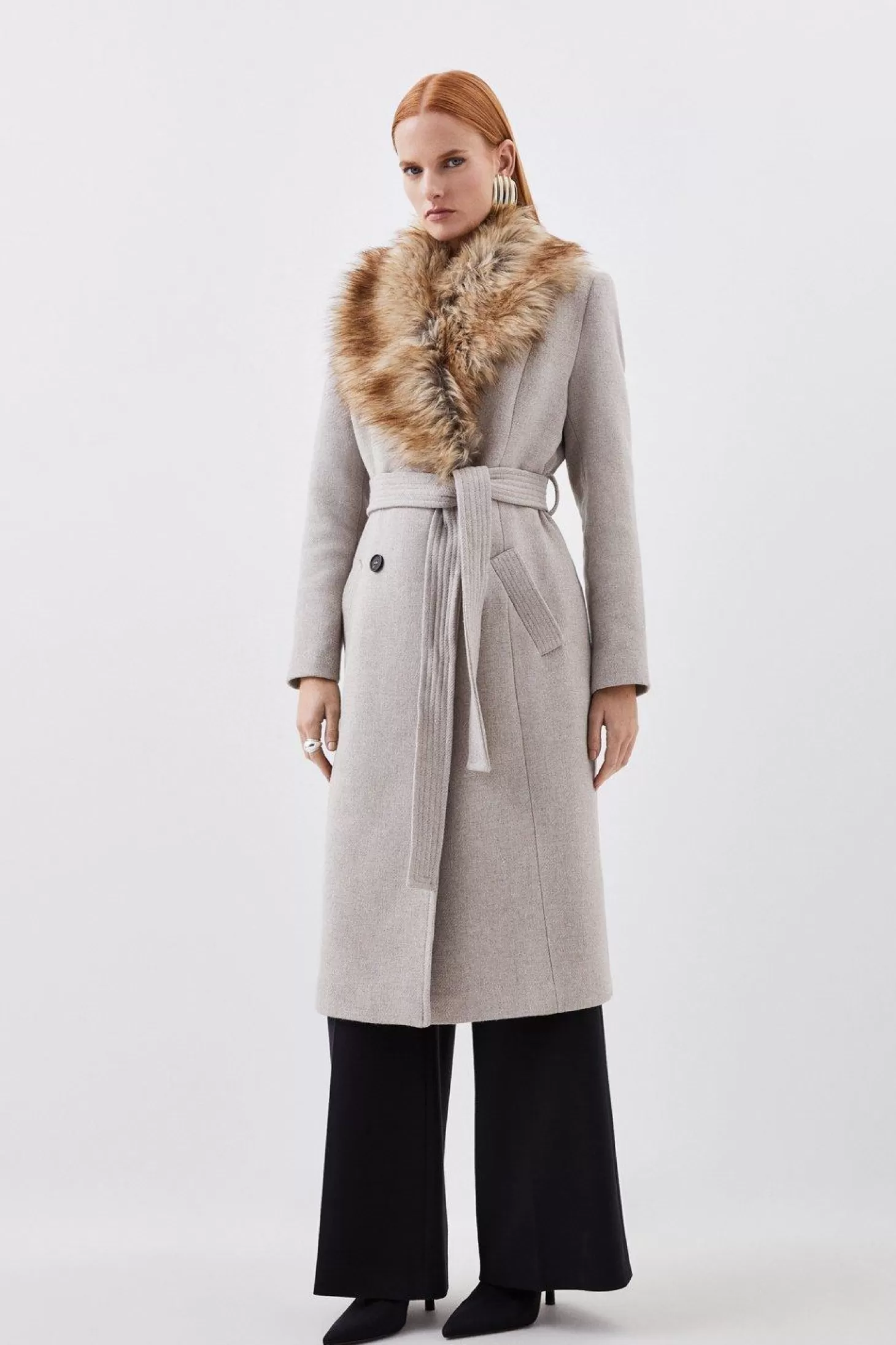 Karen Millen Italian Manteco Wool Blend Faux Fur Double Breasted Belted Midi Coat