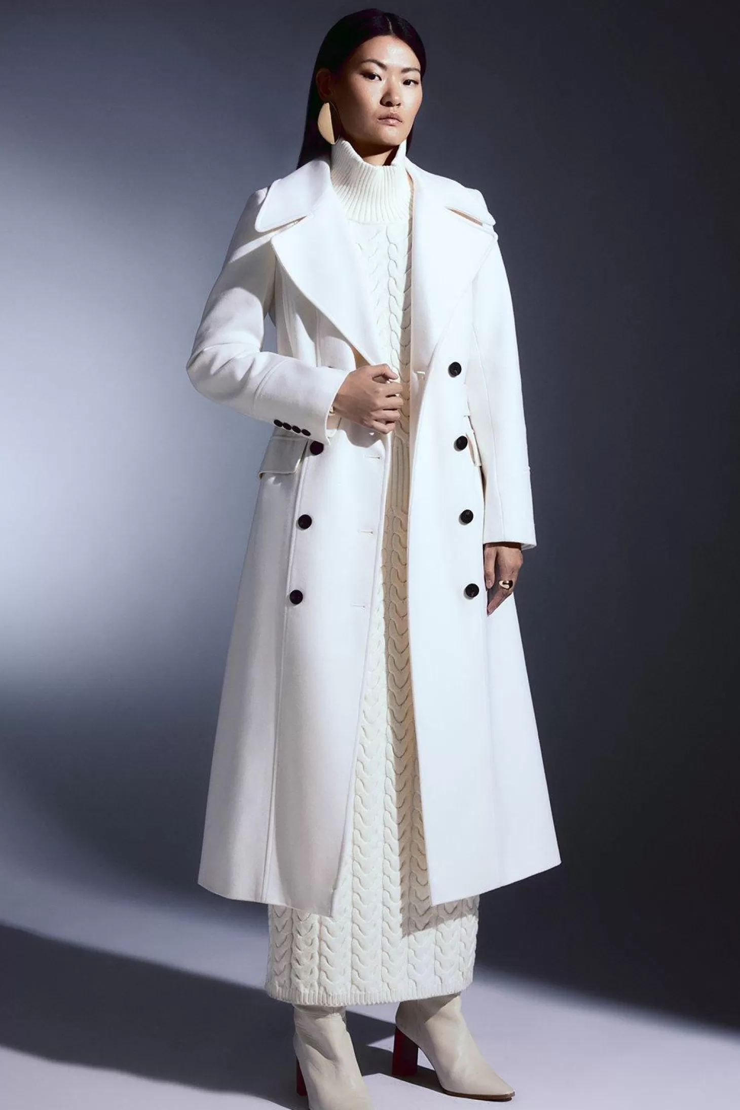 Karen Millen Italian Manteco Wool Blend Tab Belt Detail Double Breasted Coat
