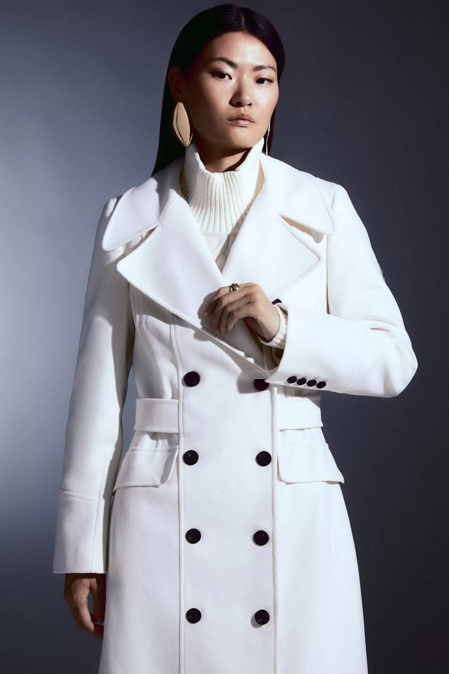 Karen Millen Italian Manteco Wool Blend Tab Belt Detail Double Breasted Coat