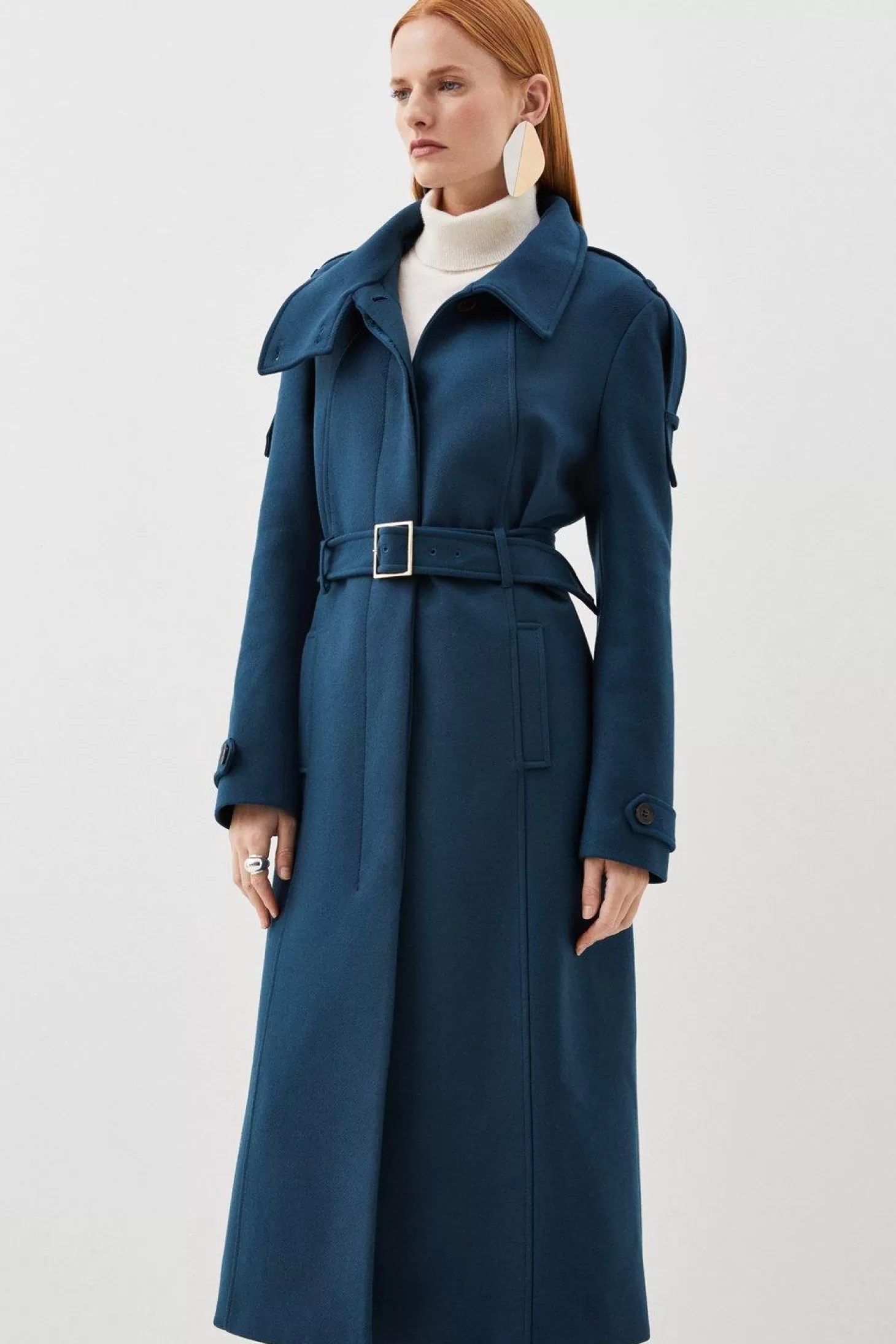 Karen Millen Italian Manteco Wool Blend Tailored Epaulette Detail Belted Coat