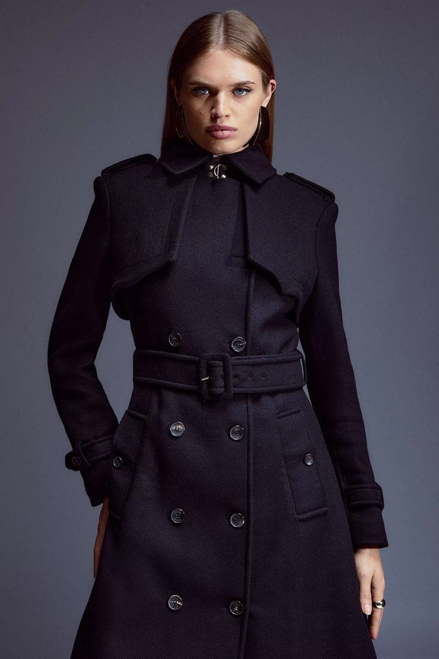 Karen Millen Italian Manteco Wool Blend Tailored Storm Flap Detail Belted Trench Coat