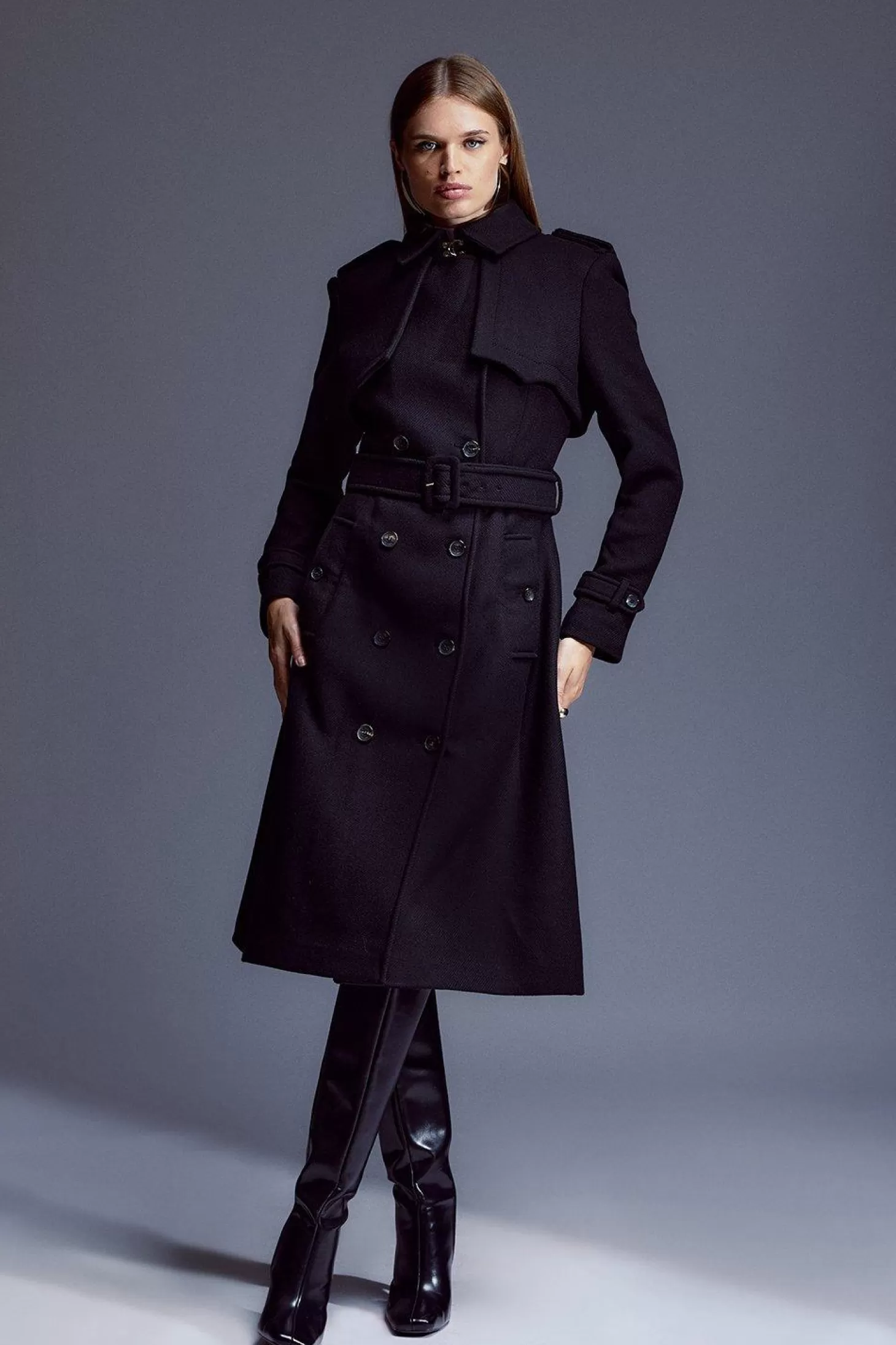 Karen Millen Italian Manteco Wool Blend Tailored Storm Flap Detail Belted Trench Coat