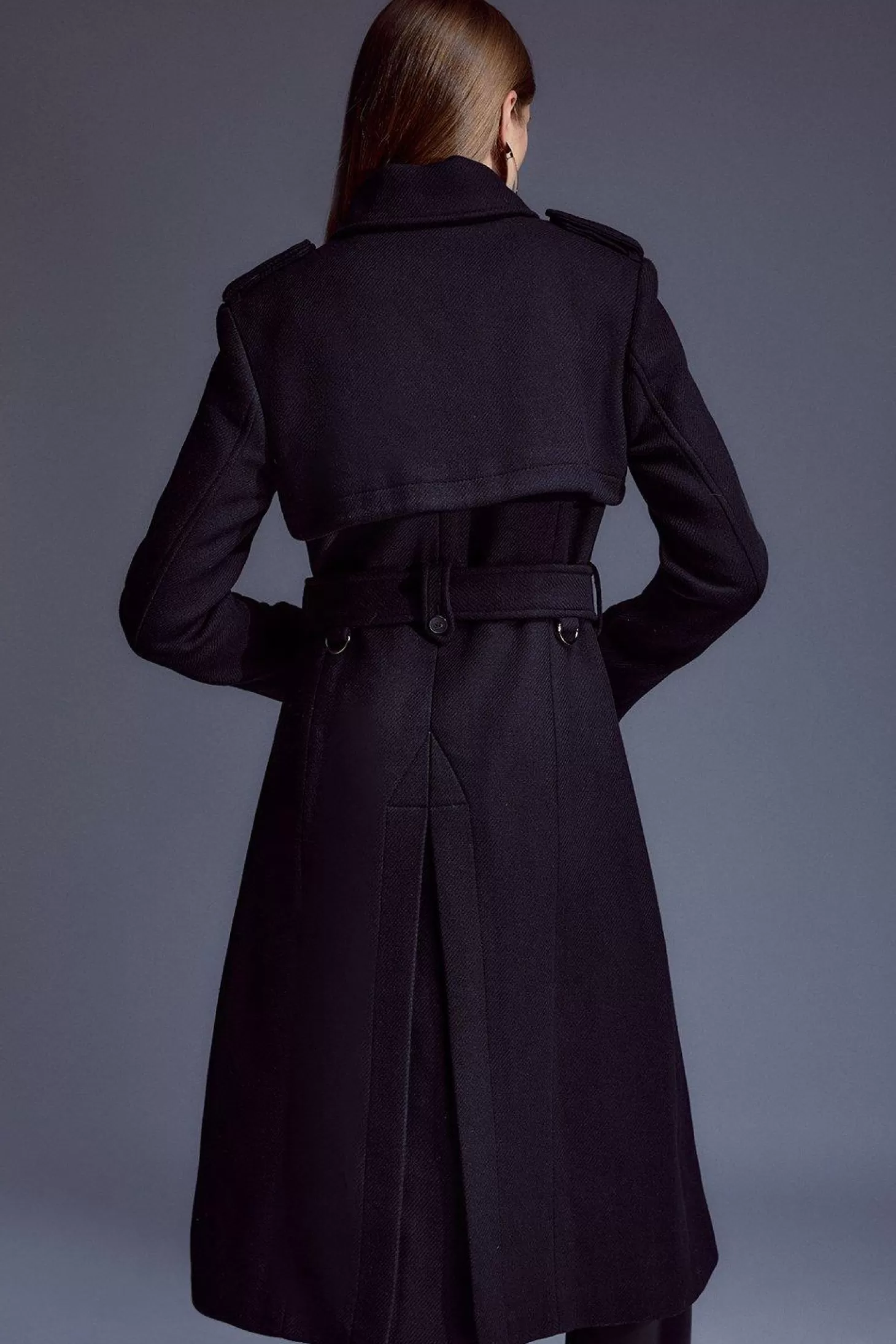 Karen Millen Italian Manteco Wool Blend Tailored Storm Flap Detail Belted Trench Coat