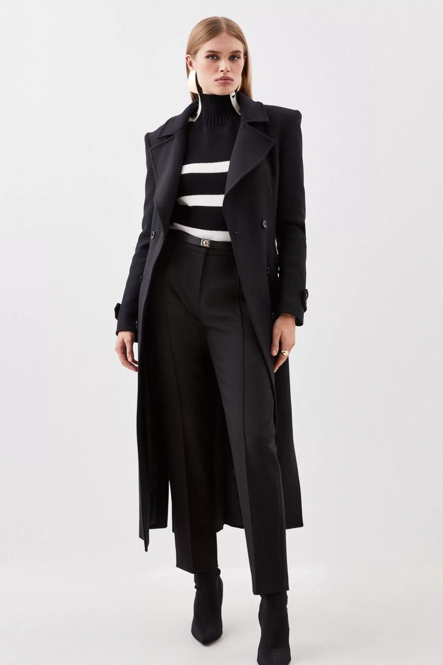 Karen Millen Italian Manteco Wool Double Breasted Tab Detail Belted Longline Coat