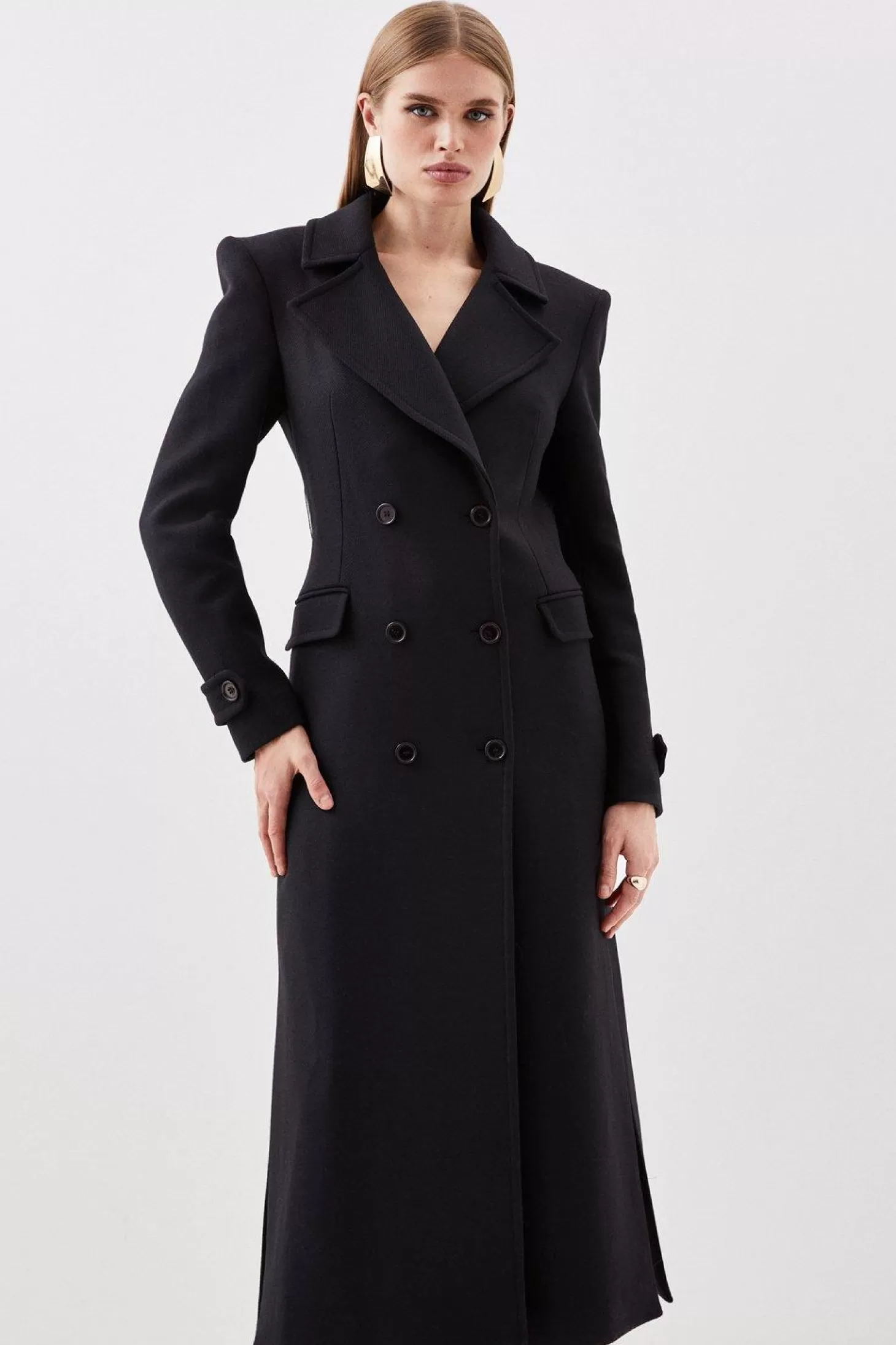Karen Millen Italian Manteco Wool Double Breasted Tab Detail Belted Longline Coat