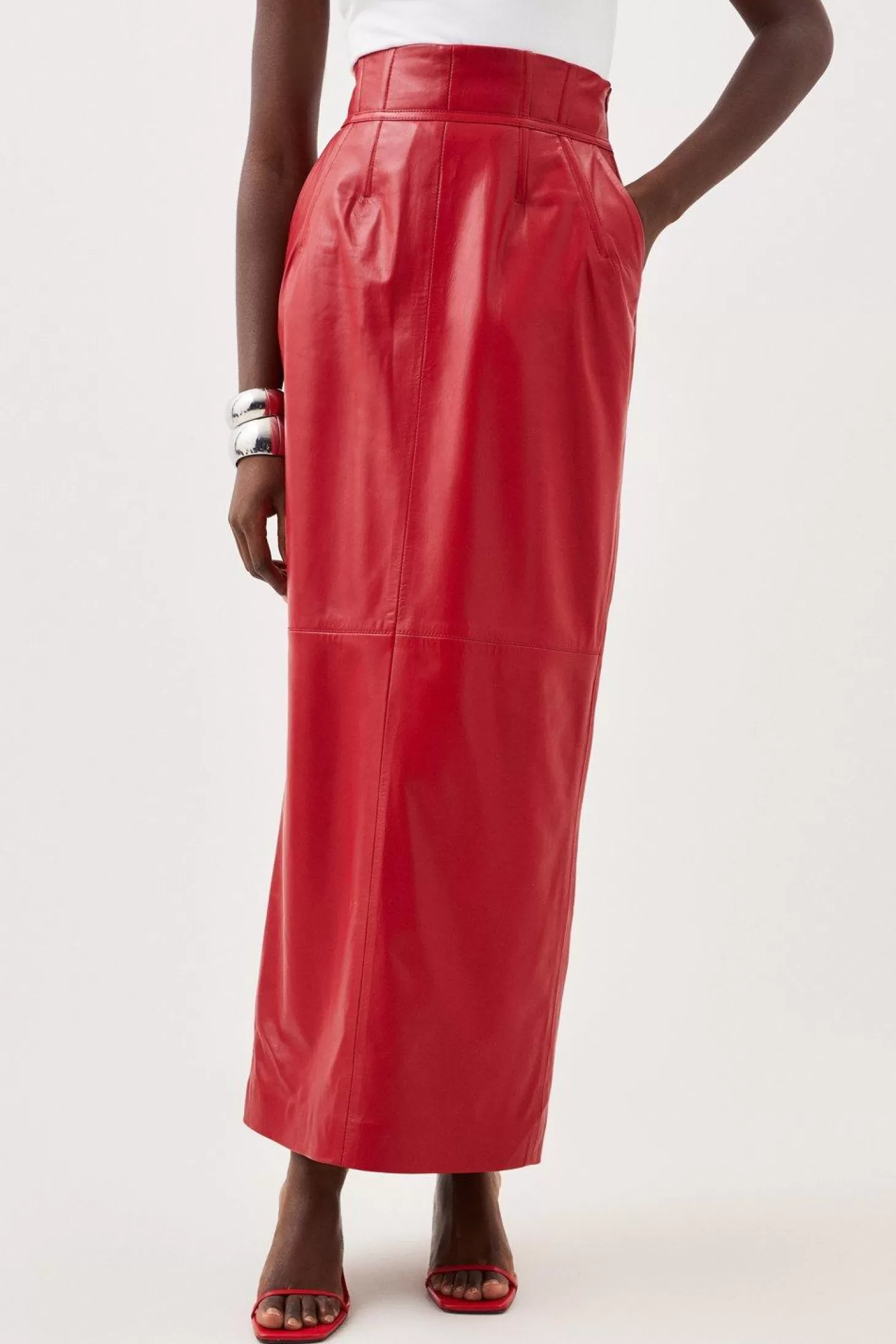 Karen Millen Leather Corset Detail High Waist Maxi Pencil Skirt
