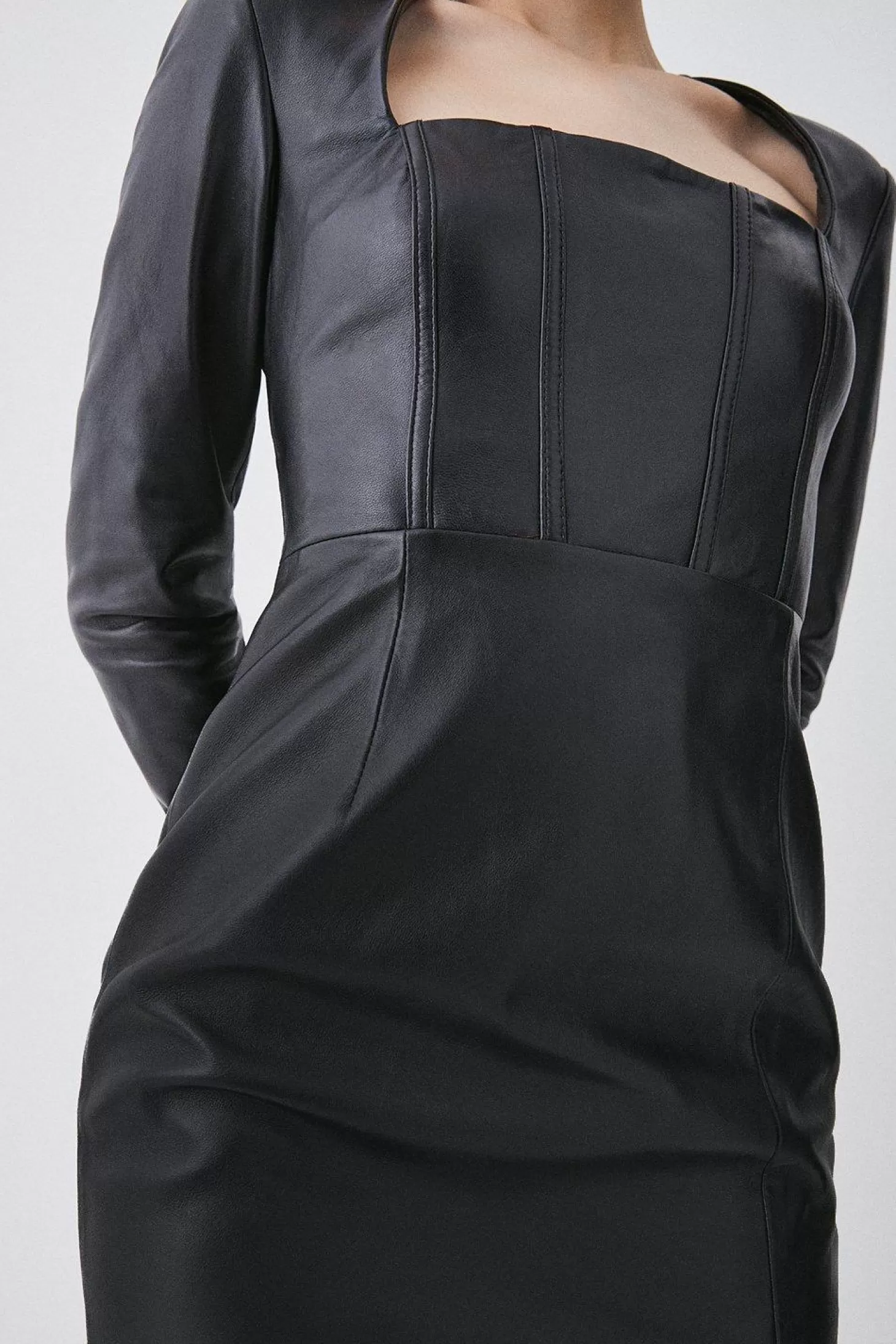 Karen Millen Leather Corset Detail Sleeved Midi Pencil Dress