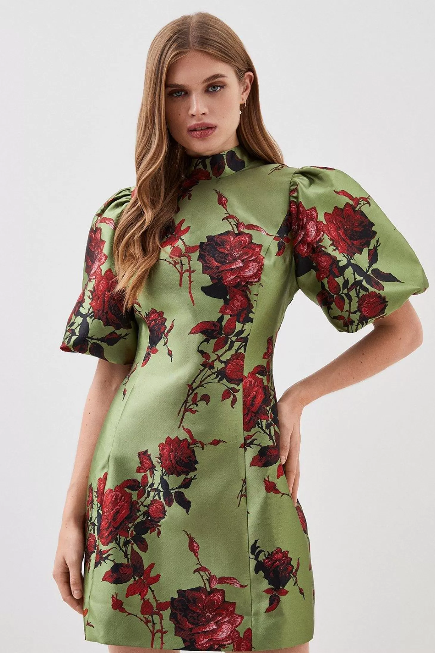 Karen Millen Lydia Millen Floral Jacquard Panelled Puff Sleeve Woven Mini Dress