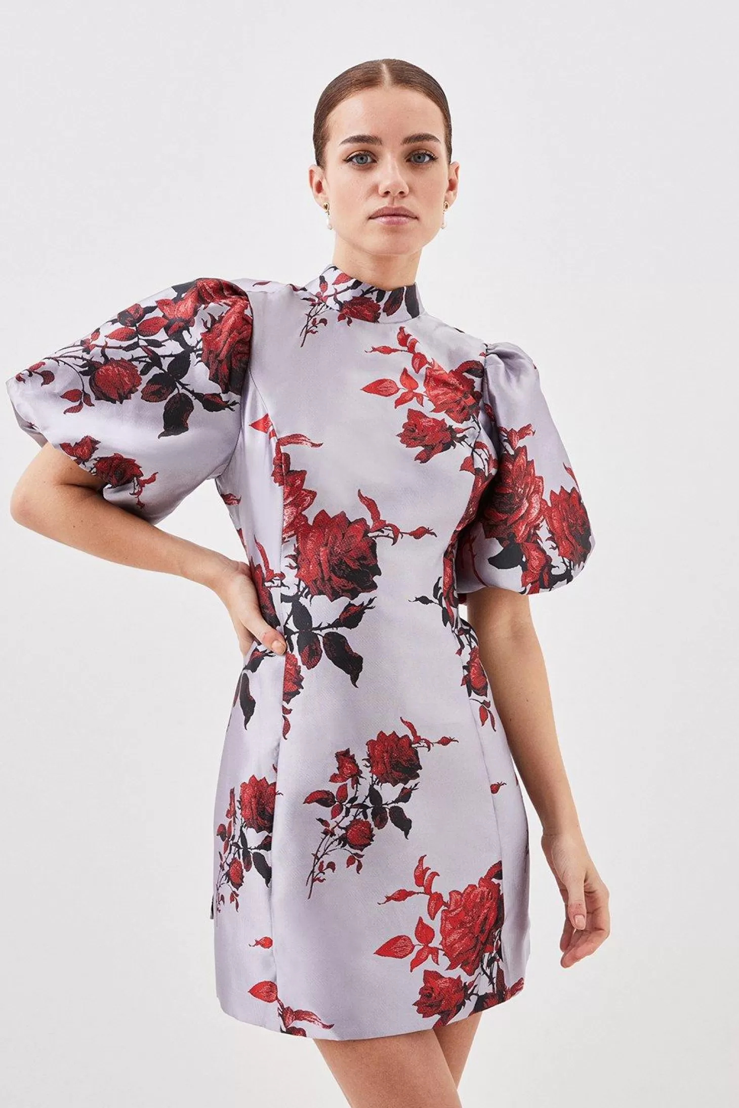 Karen Millen Lydia Millen Petite Jacquard Panelled Puff Sleeve Woven Mini Dress