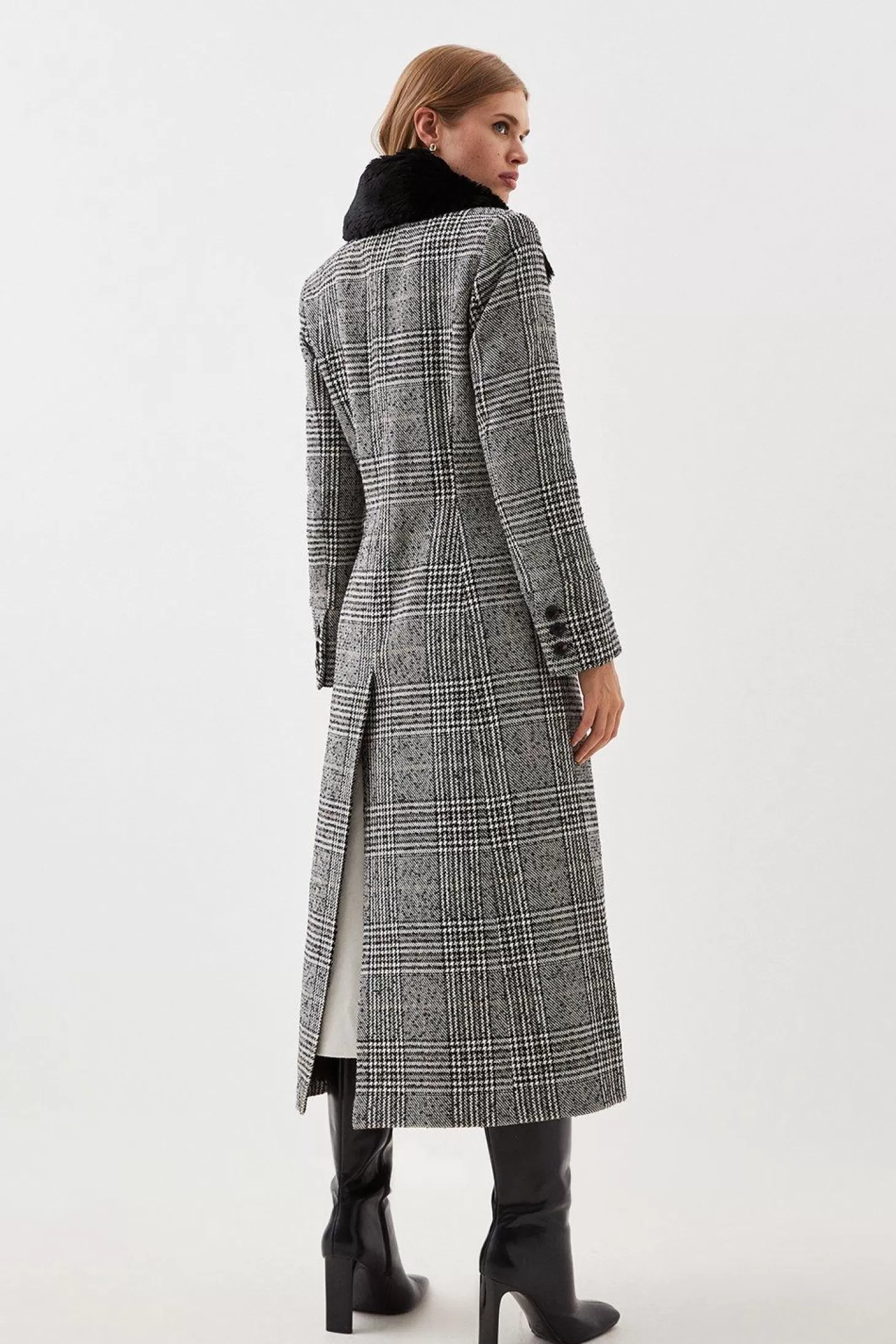 Karen Millen Lydia Millen Petite Tailored Check Faux Fur Collar Maxi Coat