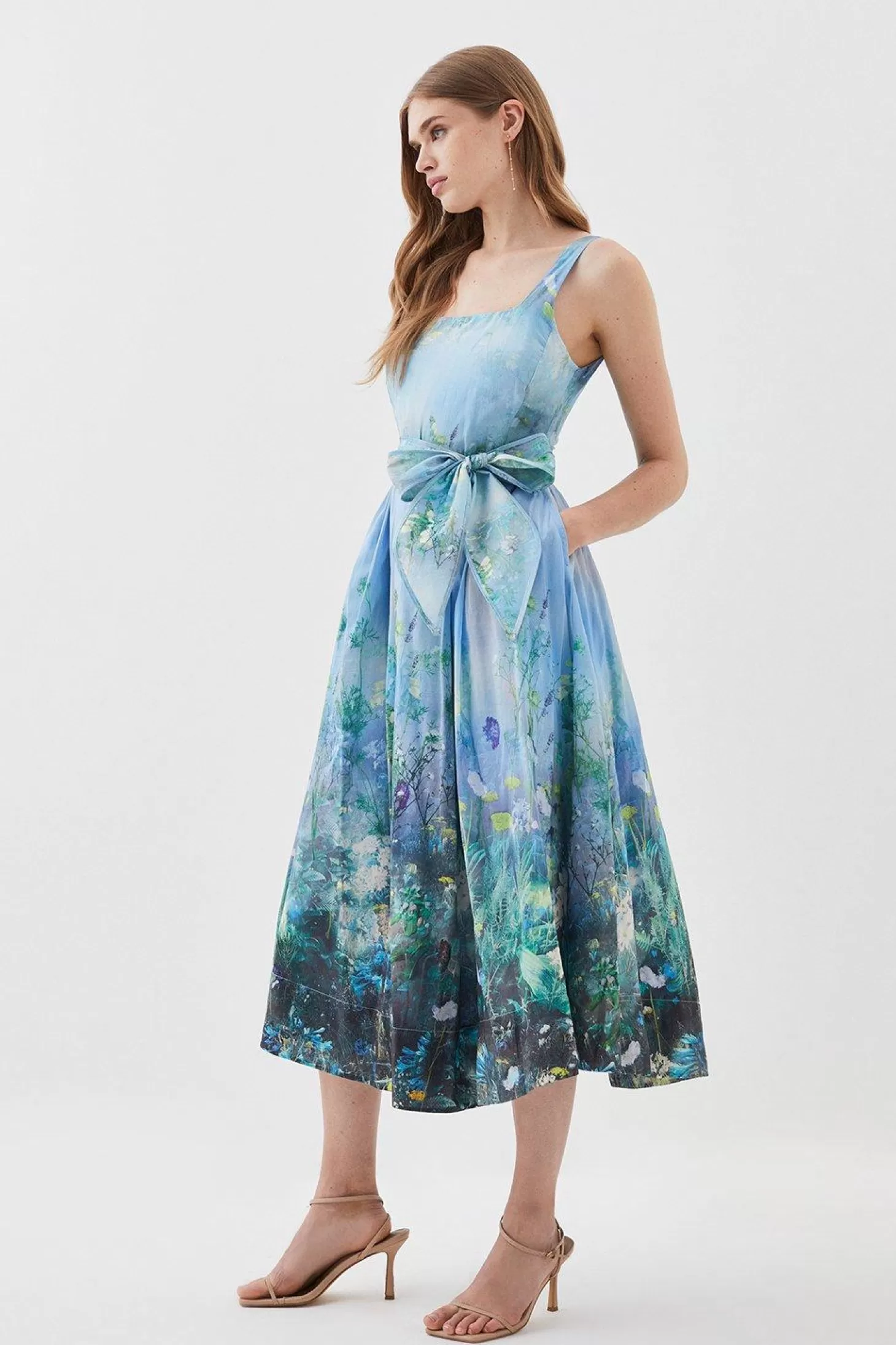 Karen Millen Lydia Millen Tall Cotton Scenic Floral Strappy Maxi Dress