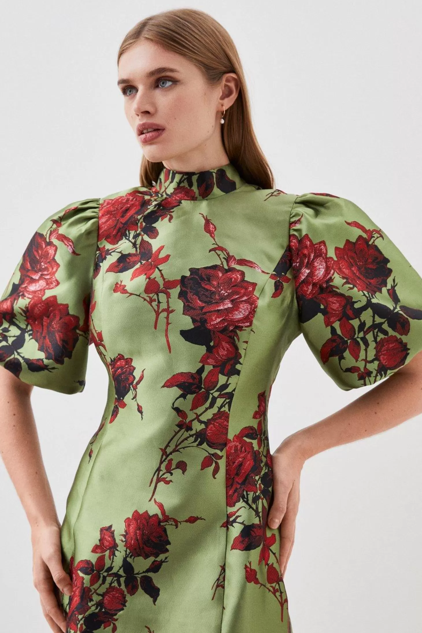 Karen Millen Lydia Millen Tall Floral Jacquard Panelled Puff Sleeve Woven Mini Dress