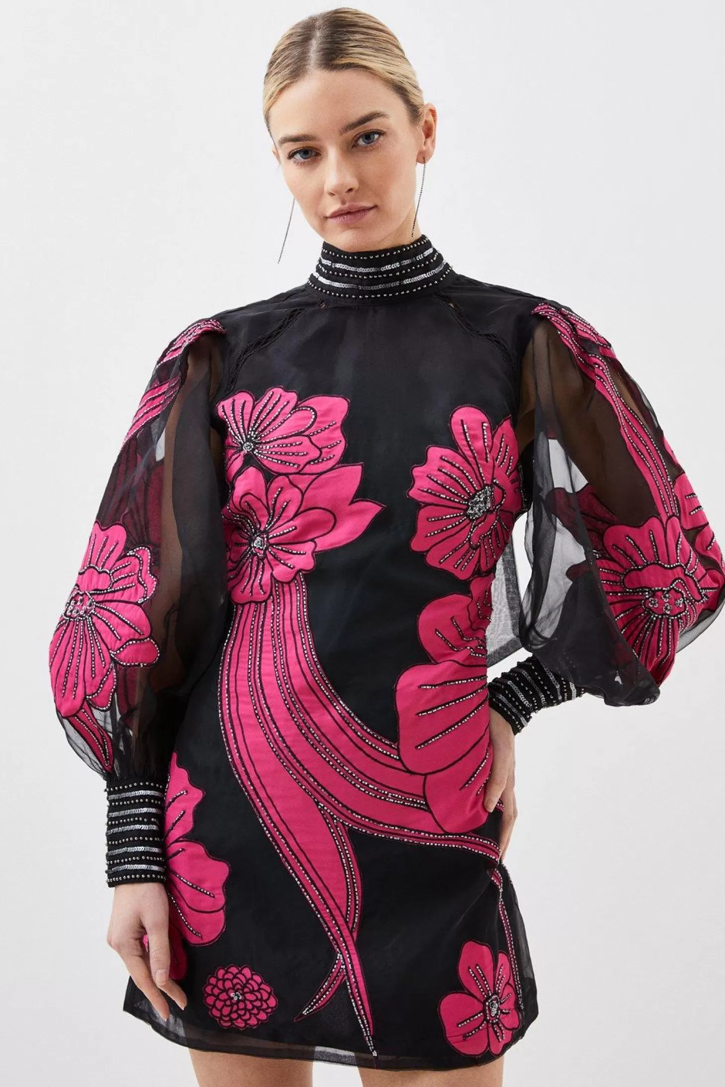 Karen Millen Petite Applique Organdie Floral Graphic Woven Mini Dress