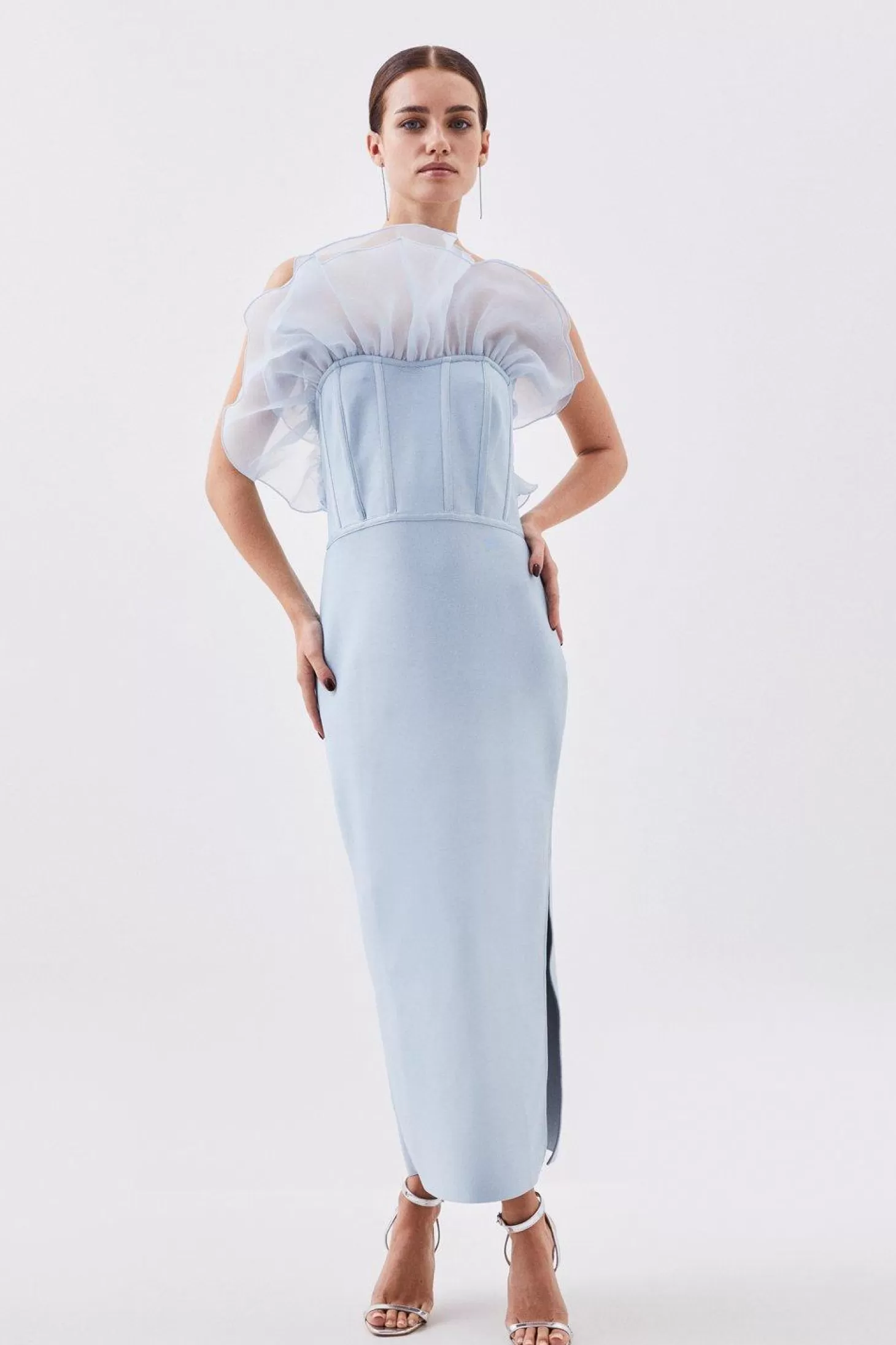 Karen Millen Petite Bandage Figure Form Knit Organza Frill Midaxi Dress