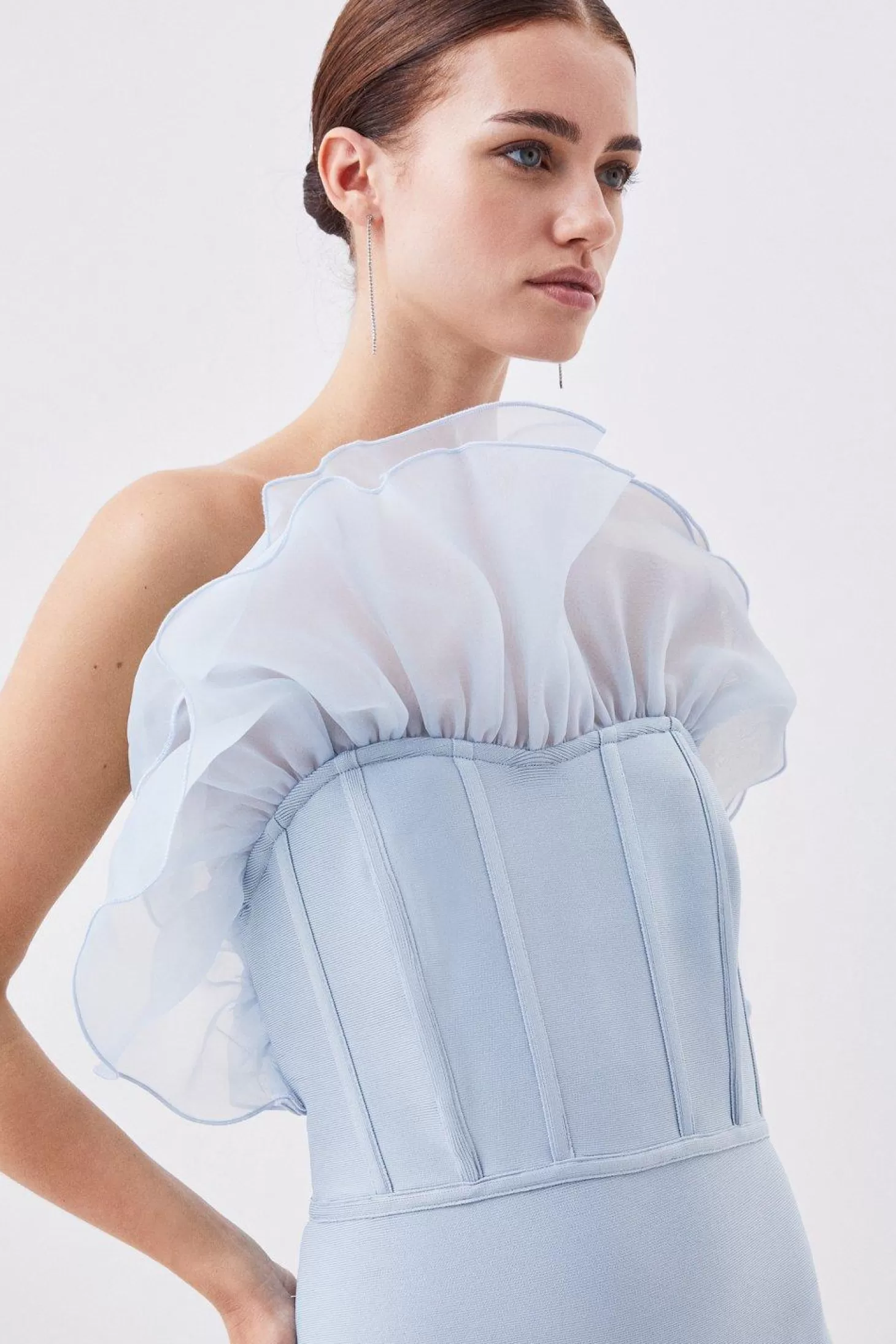 Karen Millen Petite Bandage Figure Form Knit Organza Frill Midaxi Dress
