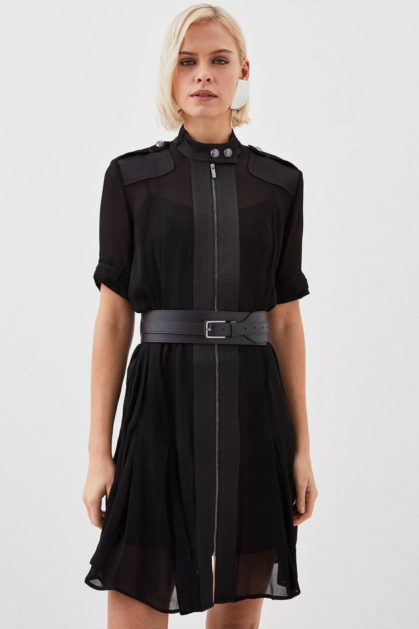 Karen Millen Petite Contrast Panel Sheer Short Sleeve Woven Mini Dress