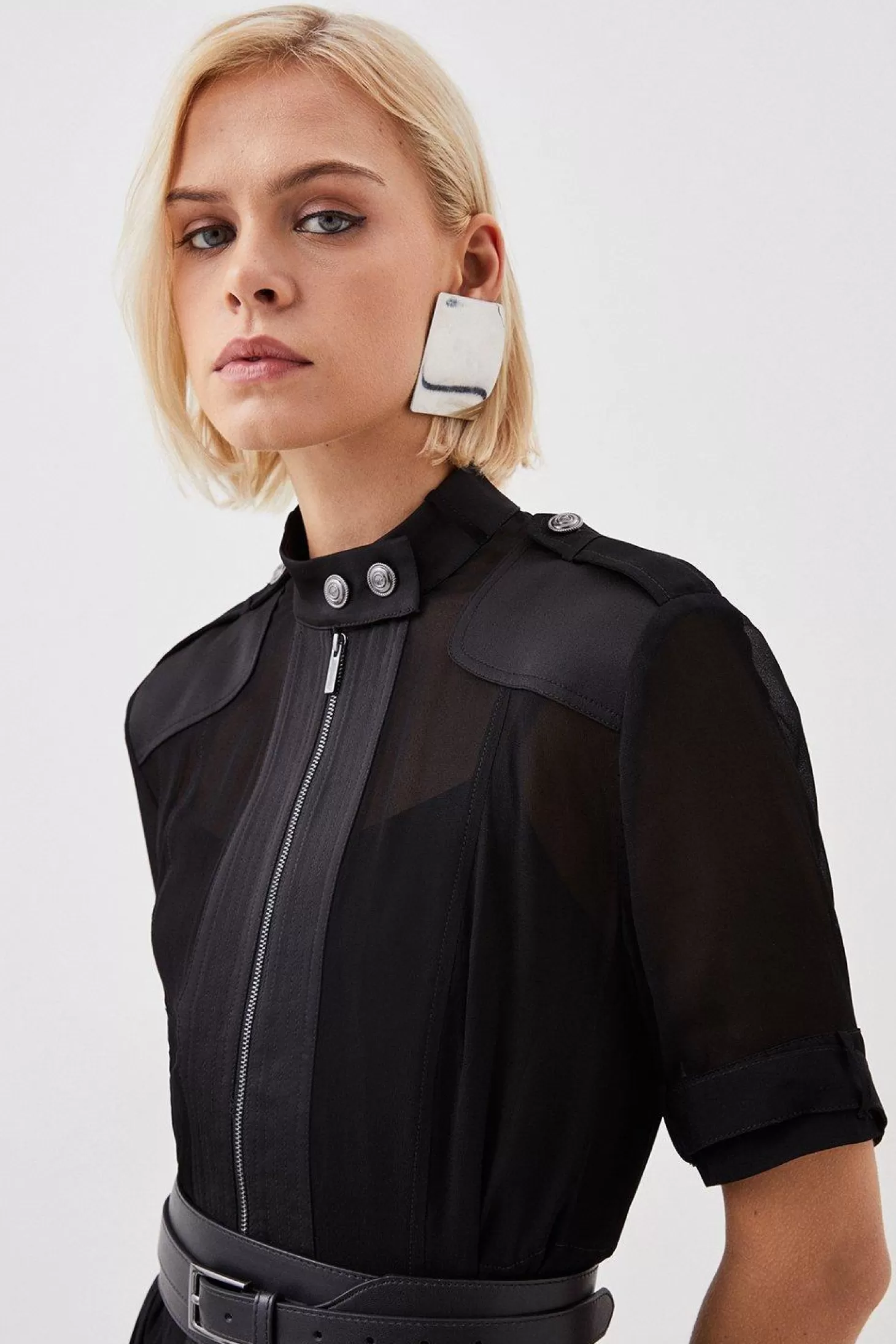 Karen Millen Petite Contrast Panel Sheer Short Sleeve Woven Mini Dress