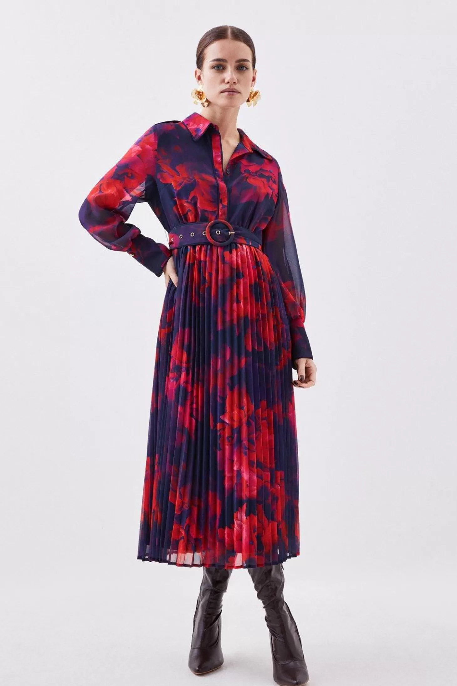 Karen Millen Petite Georgette Pleated And Belted Woven Maxi Dress