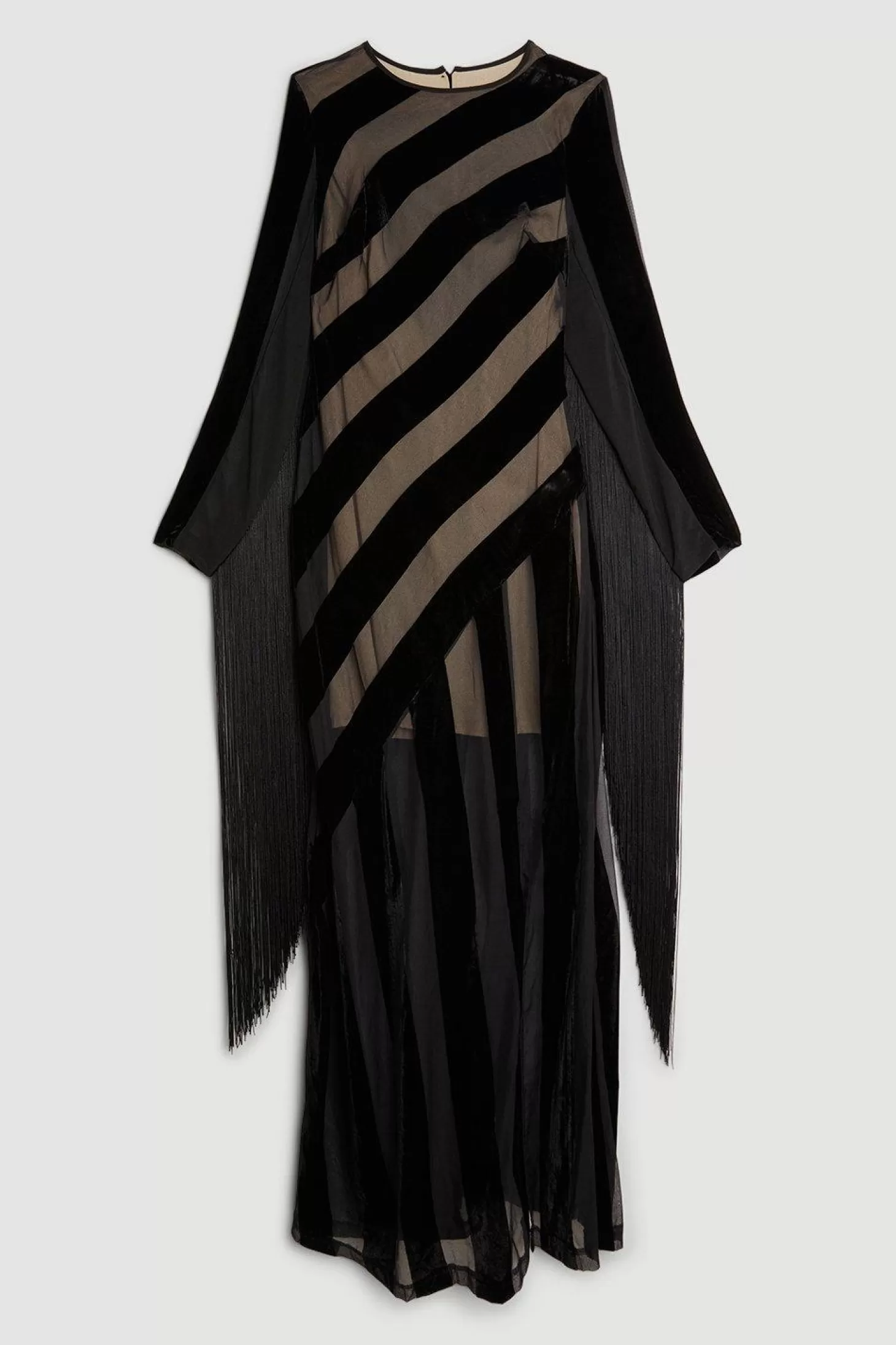 Karen Millen Petite Fringed Velvet Devore Long Sleeve Woven Maxi Dress