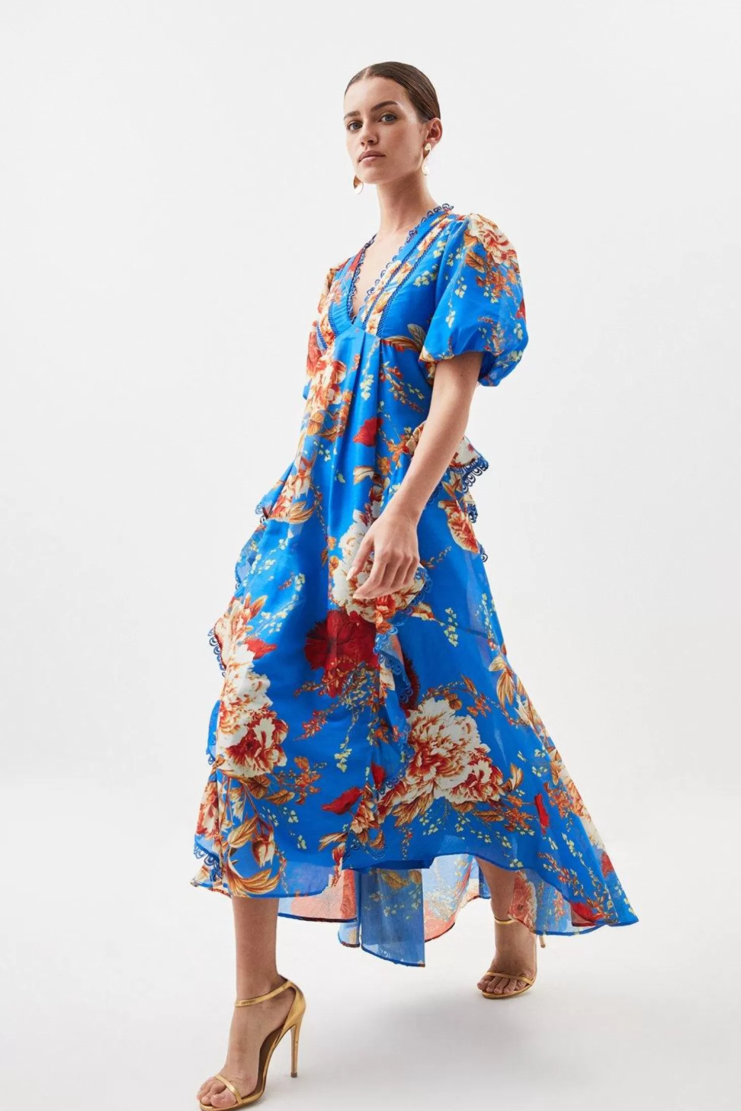 Karen Millen Petite Graphic Lace Trim Woven Plunge Maxi Dress