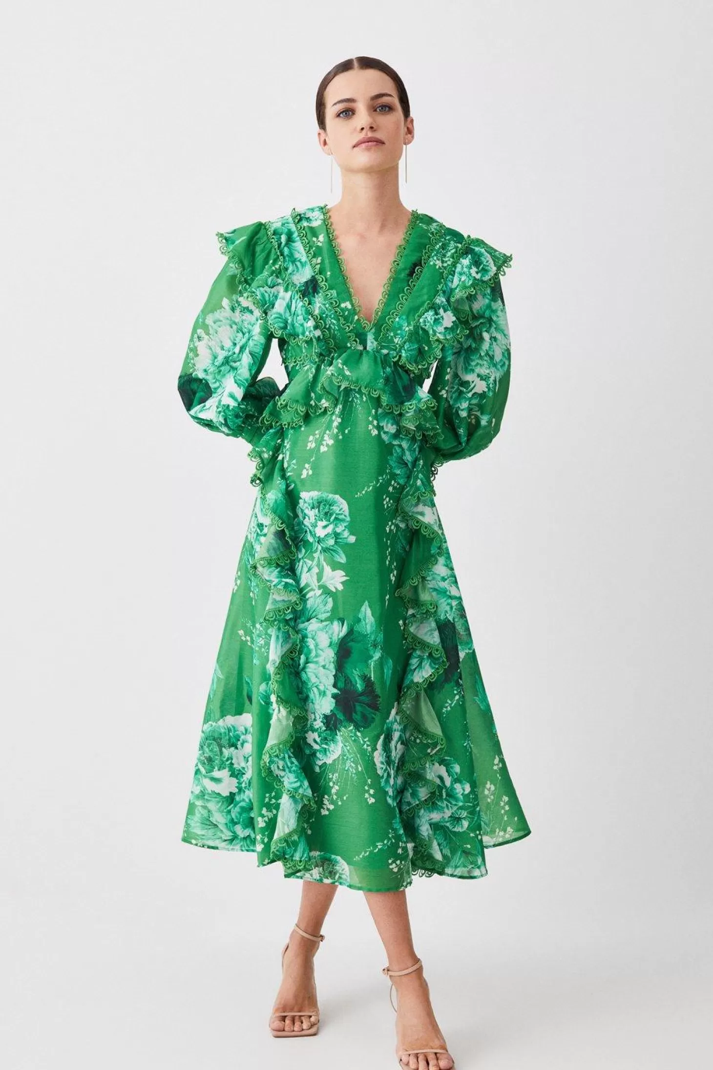 Karen Millen Petite Graphic Lace Trim Floral Woven Plunge Maxi Dress