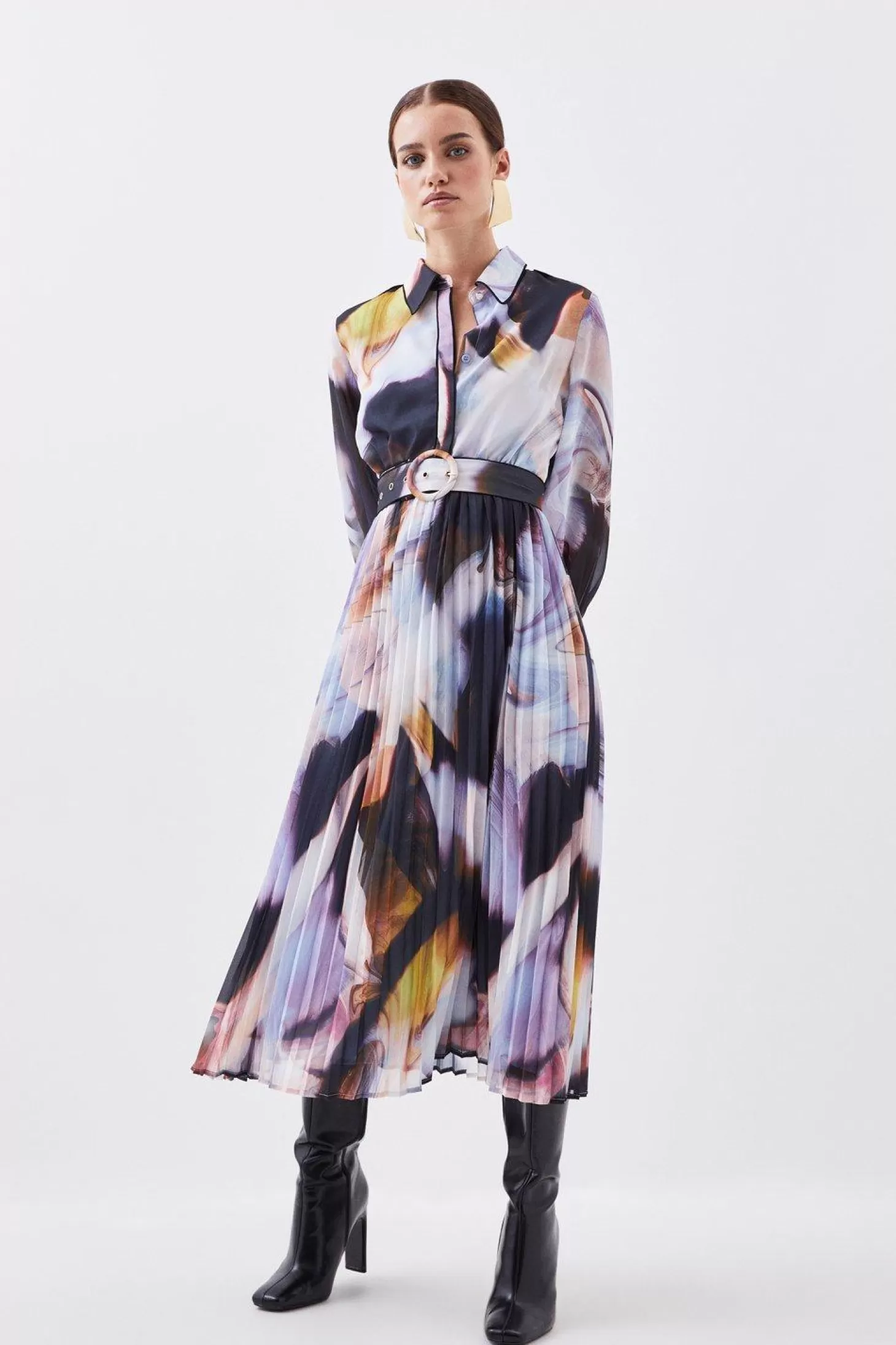 Karen Millen Petite Marble Print Pleated Georgette Maxi Shirt Woven Dress