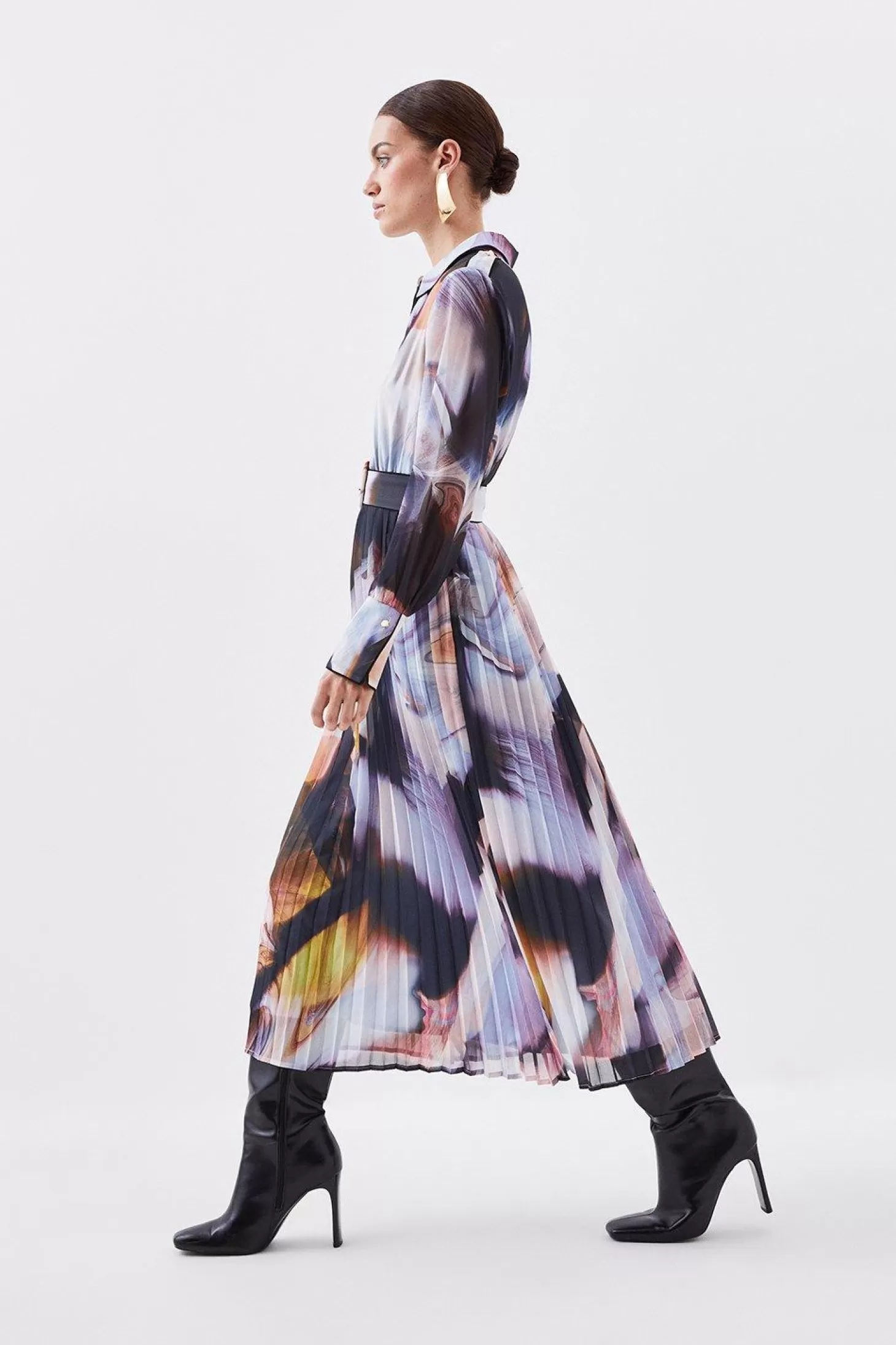 Karen Millen Petite Marble Print Pleated Georgette Maxi Shirt Woven Dress