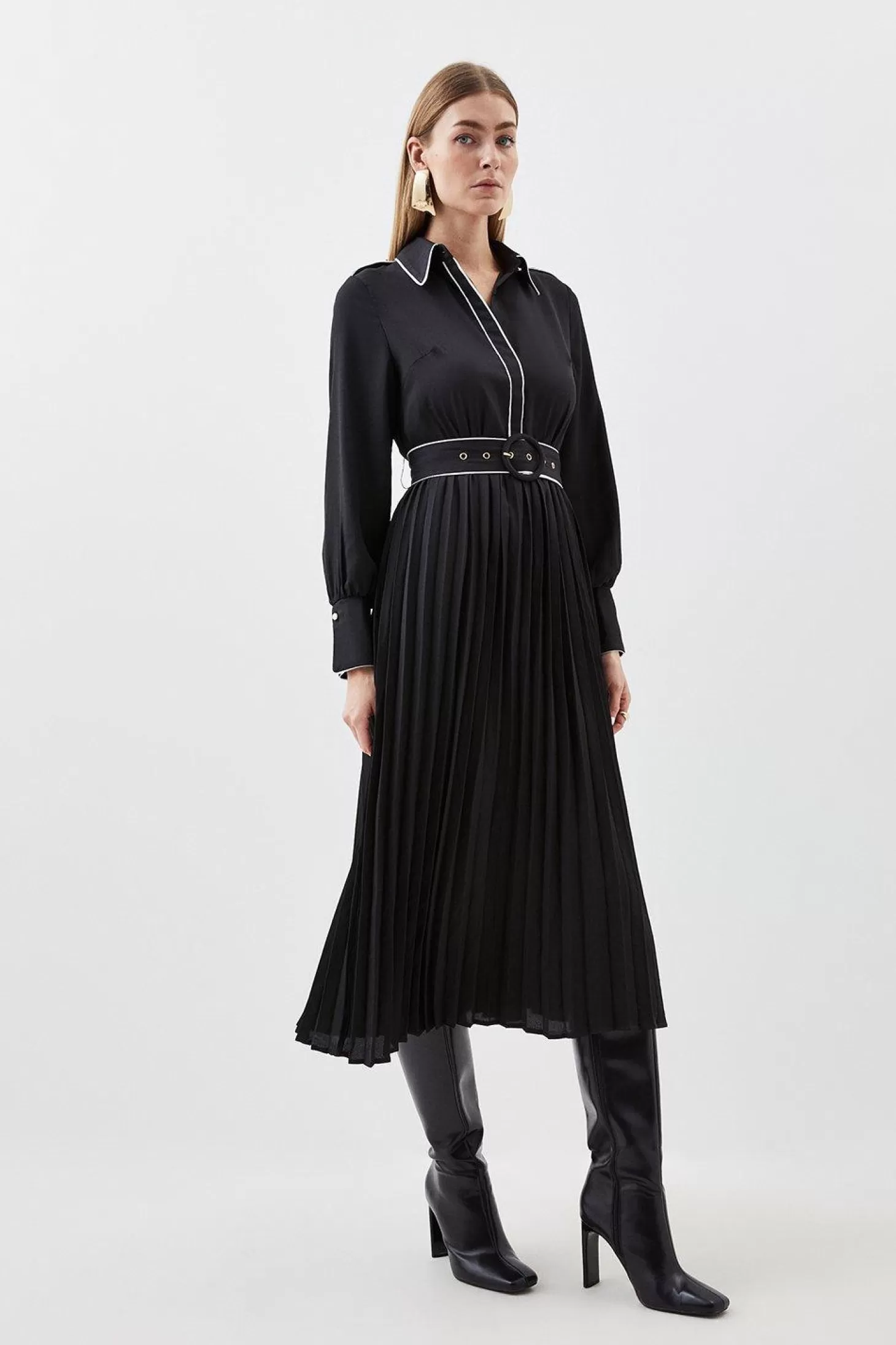 Karen Millen Petite Piping Detail Georgette Pleated And Belted Woven Maxi Dress