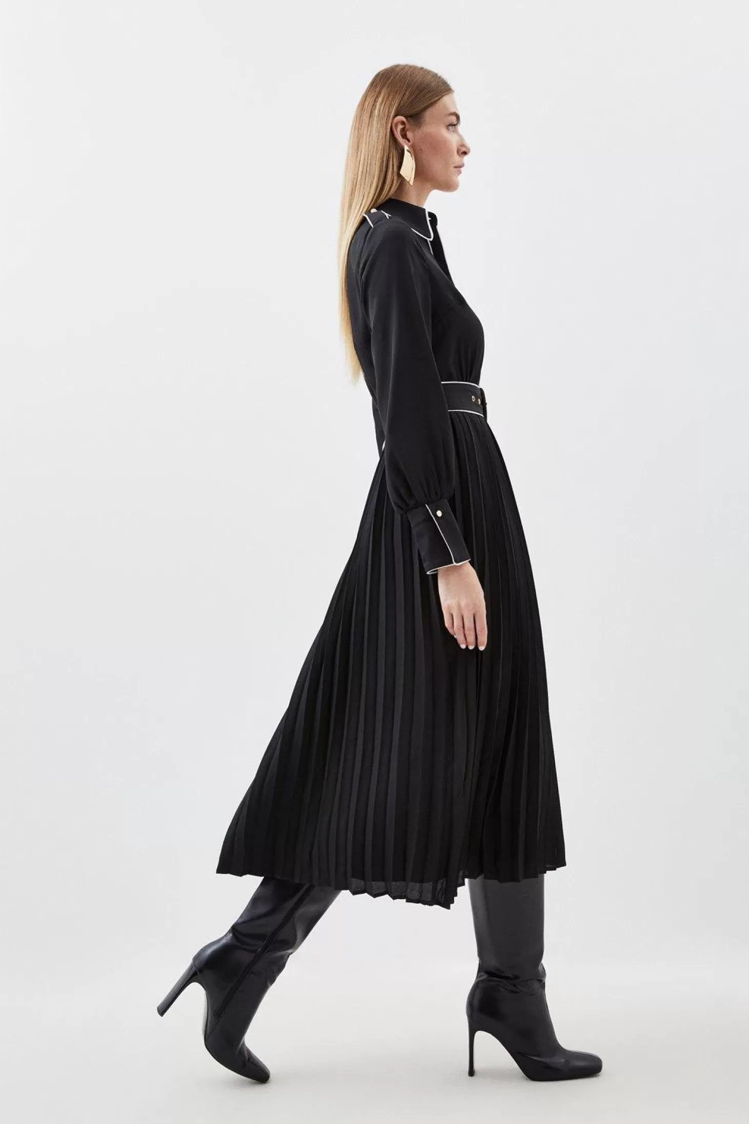 Karen Millen Petite Piping Detail Georgette Pleated And Belted Woven Maxi Dress