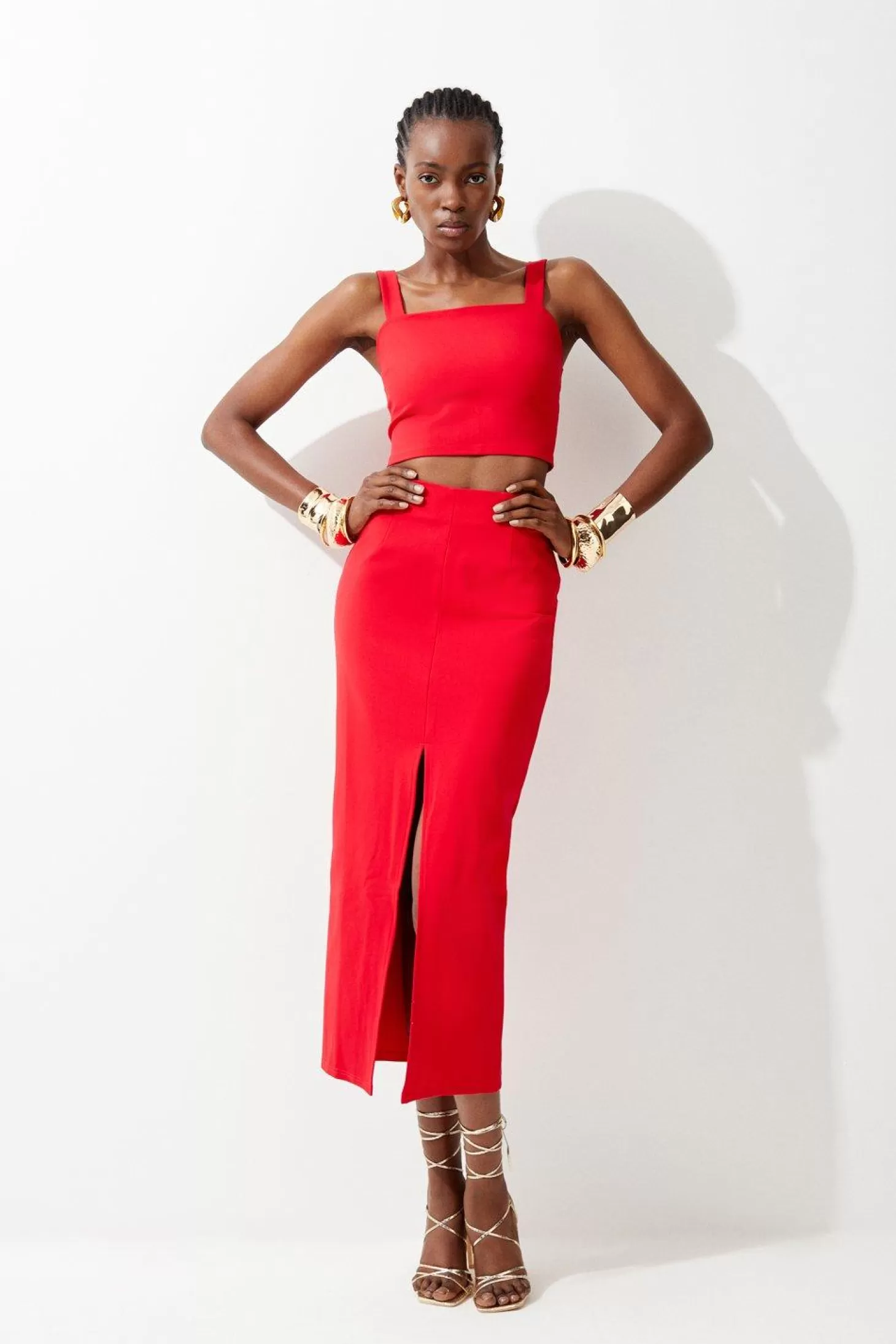 Karen Millen Petite Ponte Strappy Crop Top Split Front Skirt Jersey Set