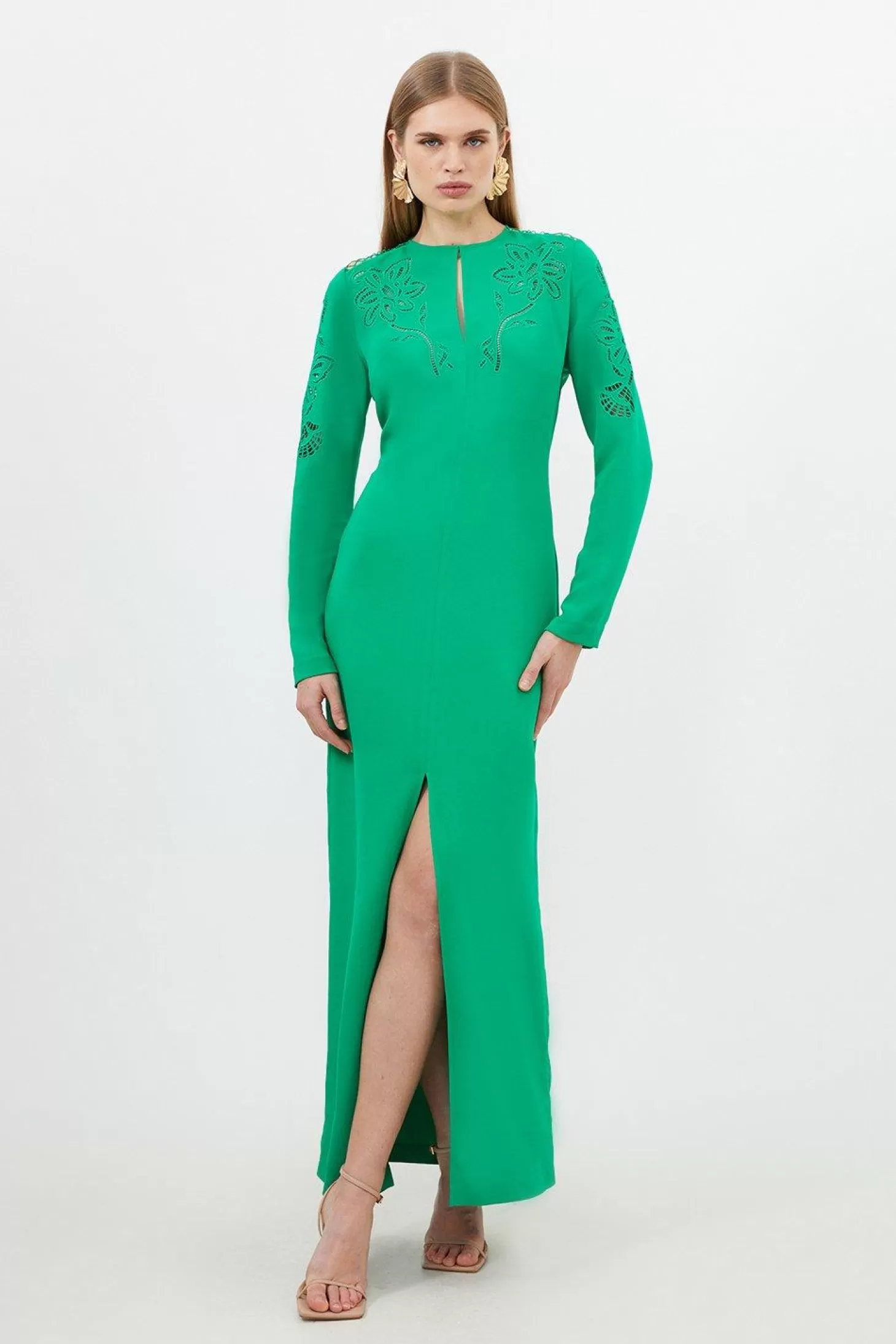 Karen Millen Petite Premium Cady Cutwork Woven Long Sleeve Maxi Dress