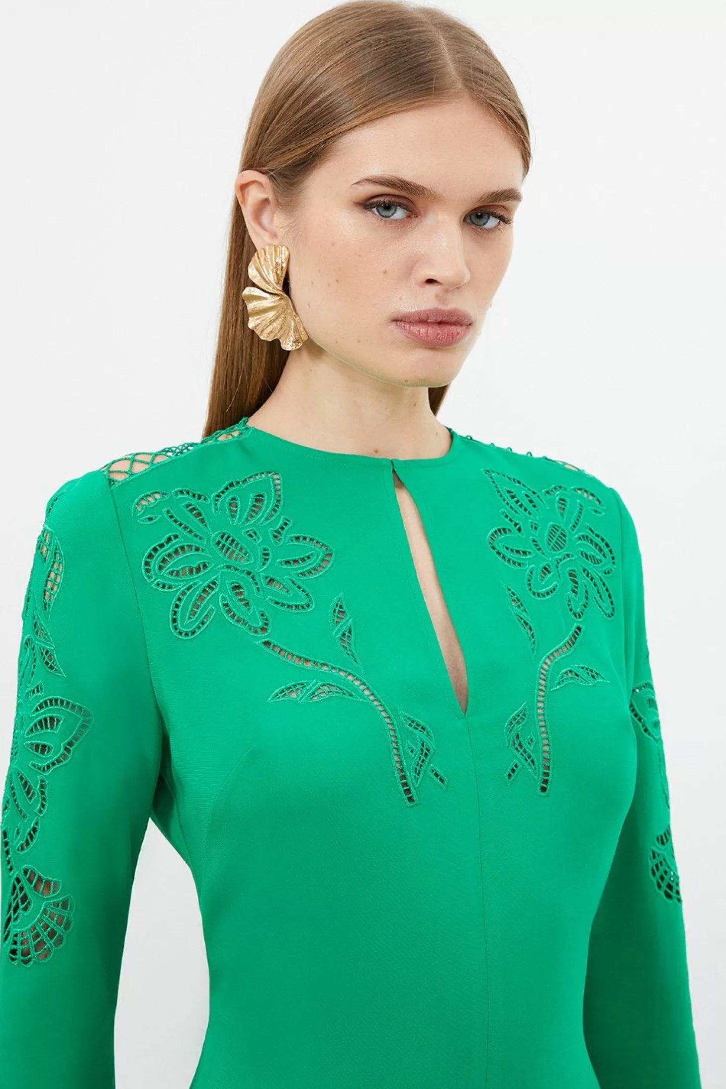 Karen Millen Petite Premium Cady Cutwork Woven Long Sleeve Maxi Dress