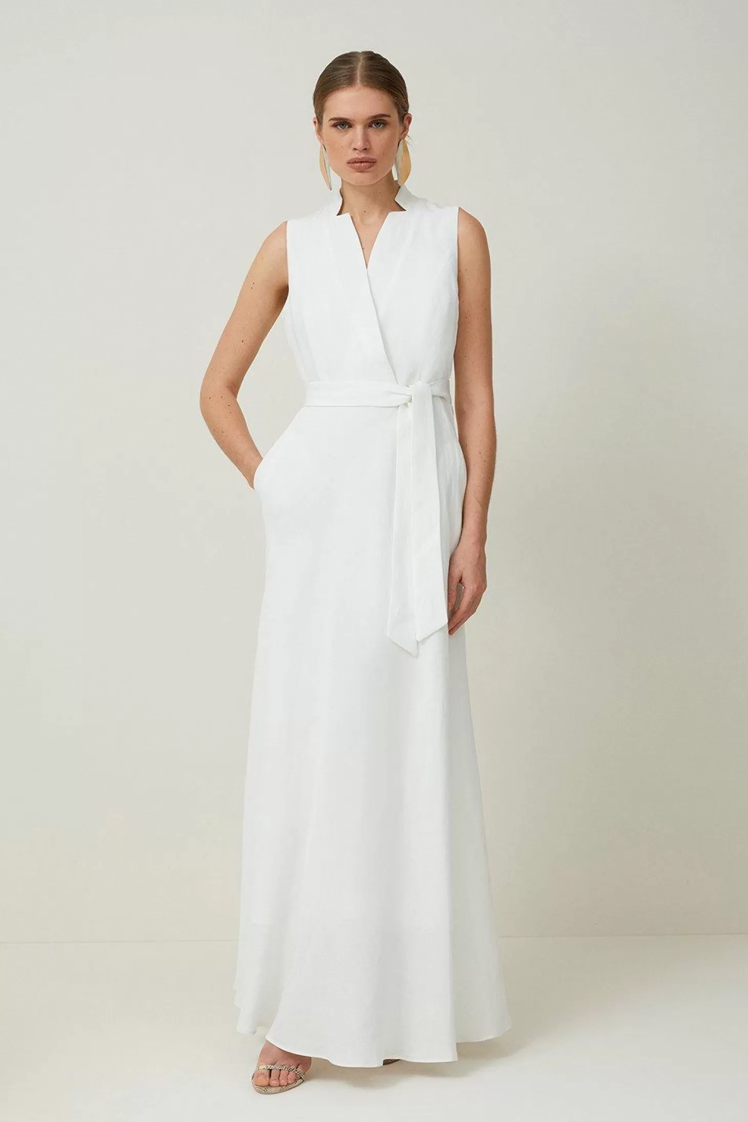 Karen Millen Petite Premium Tailored Linen Notch Neck Belted Midaxi Dress
