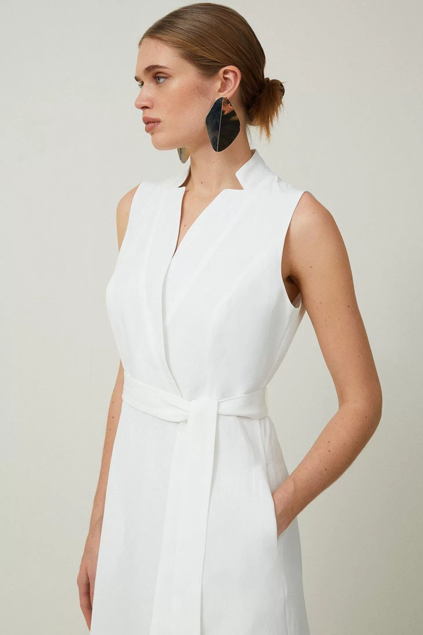 Karen Millen Petite Premium Tailored Linen Notch Neck Belted Midaxi Dress