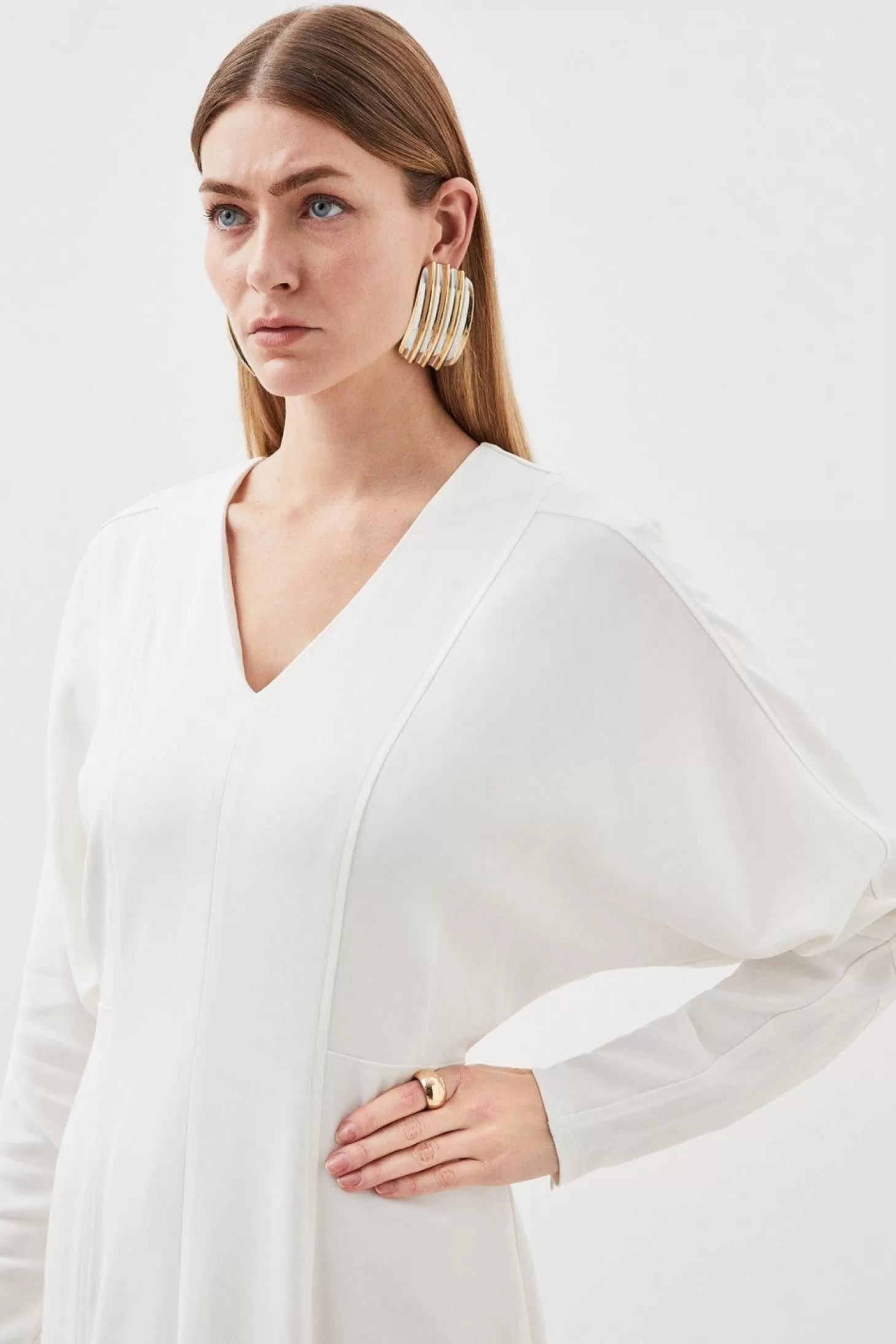 Karen Millen Petite Premium Viscose Crepe V Neck Long Sleeve Woven Midi Dress