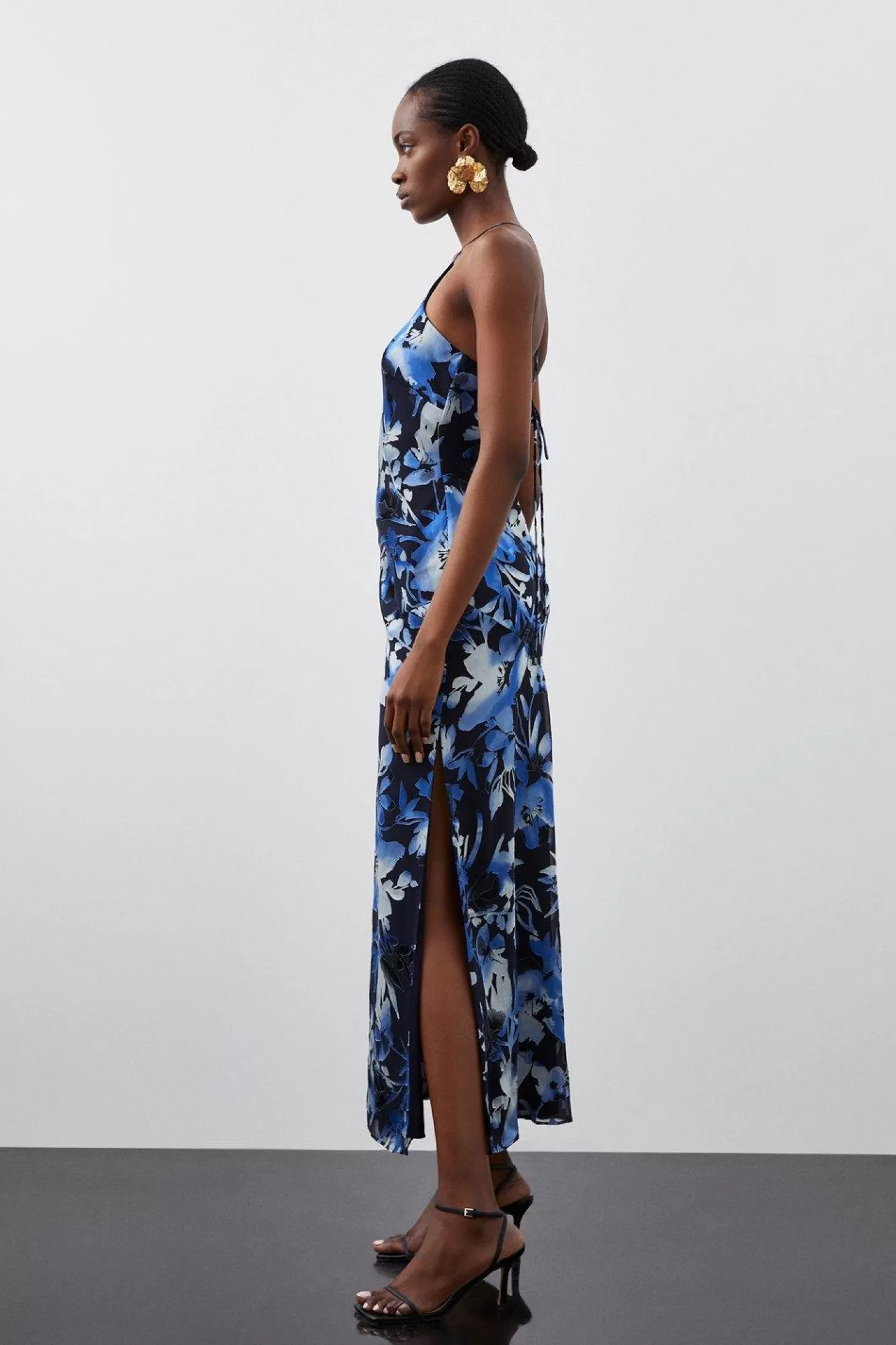 Karen Millen Petite Satin Floral Devore Woven Strappy Maxi Dress