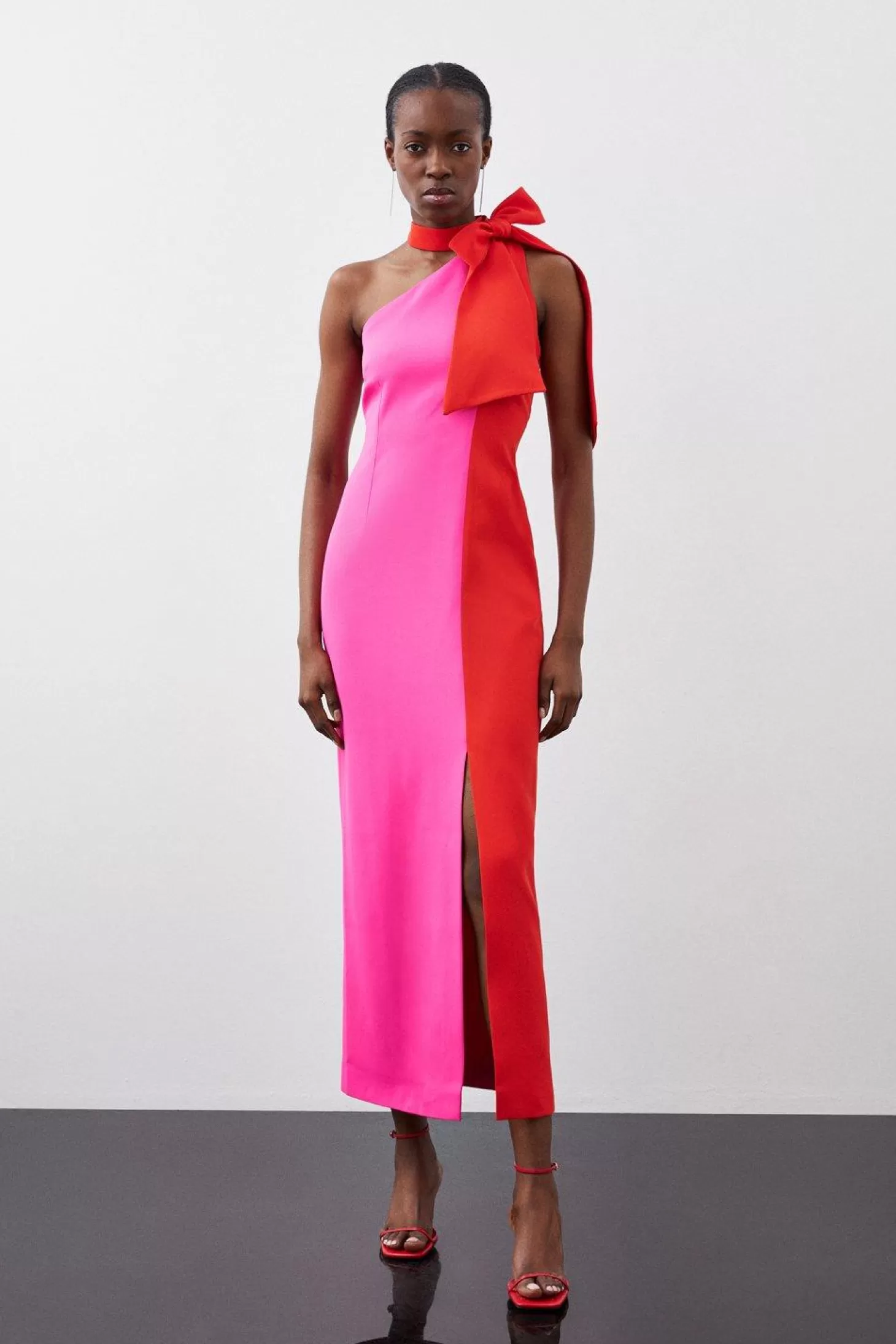 Karen Millen Petite Soft Tailored Color Block Tie Neck Midi Dress